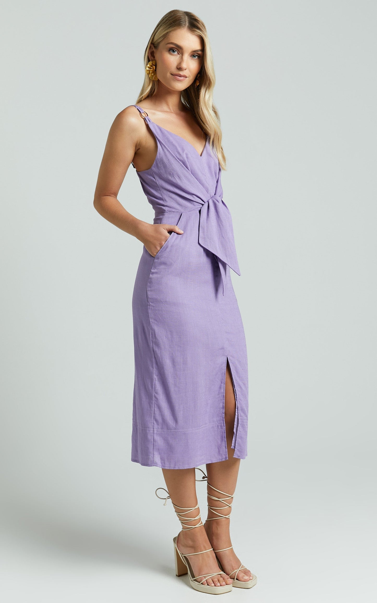 Amalie The Label - Camille Linen Blend V Neck Tie Waist Midi Dress in Mauve