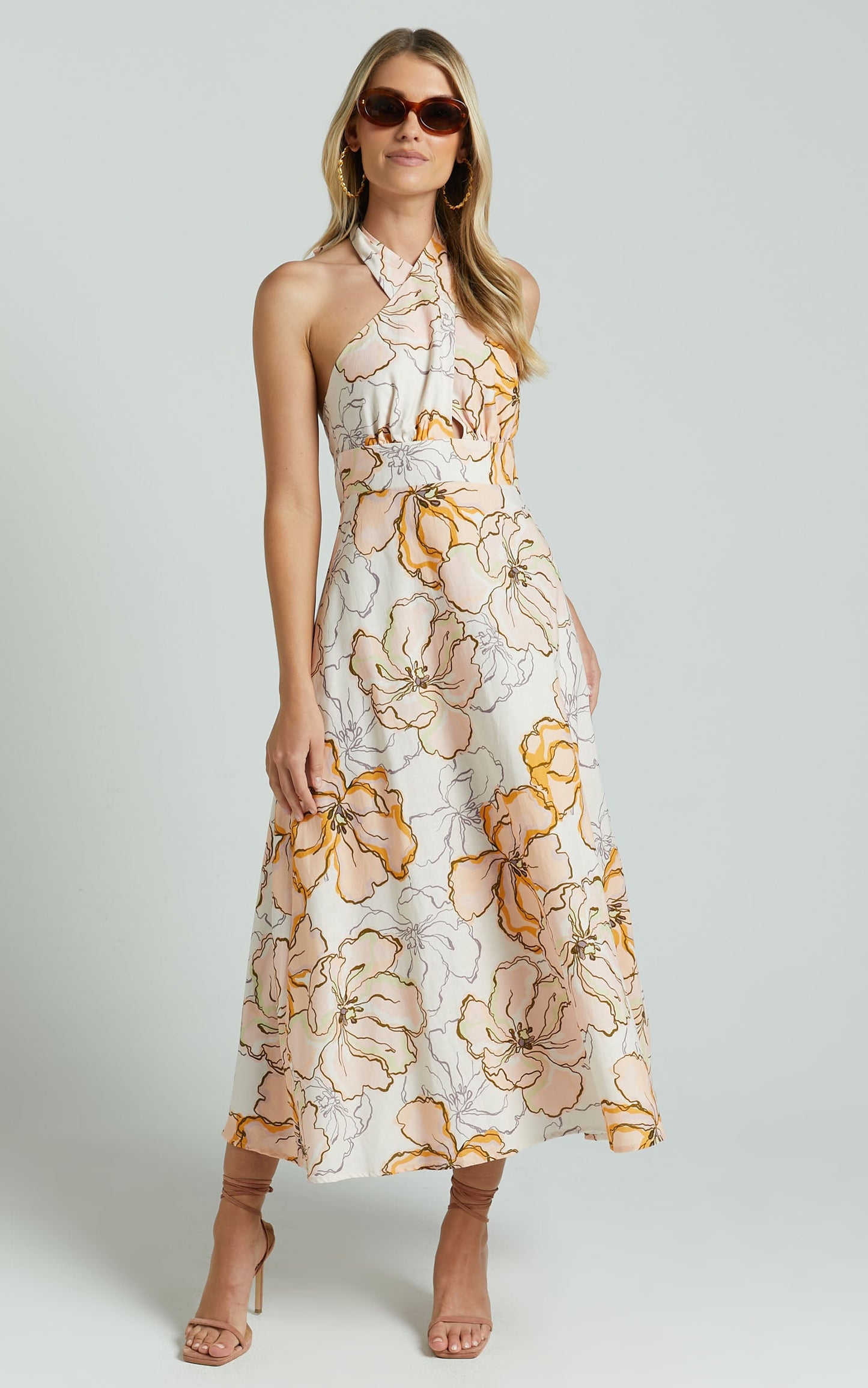 Amalie The Label - Freesia Linen Blend Halter Tie Neck Midi Dress in Maison Fleur