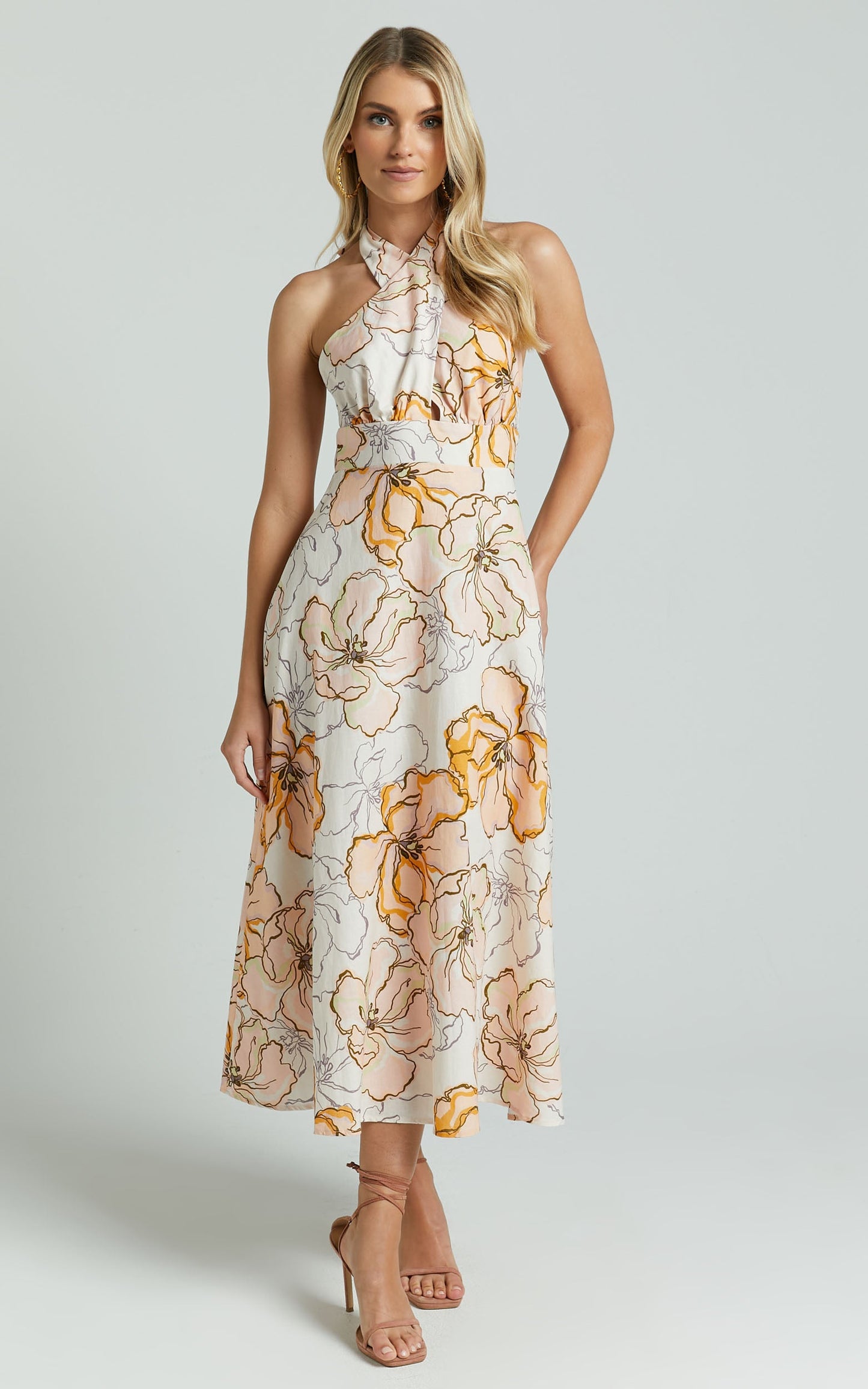 Amalie The Label - Freesia Linen Blend Halter Tie Neck Midi Dress in Maison Fleur