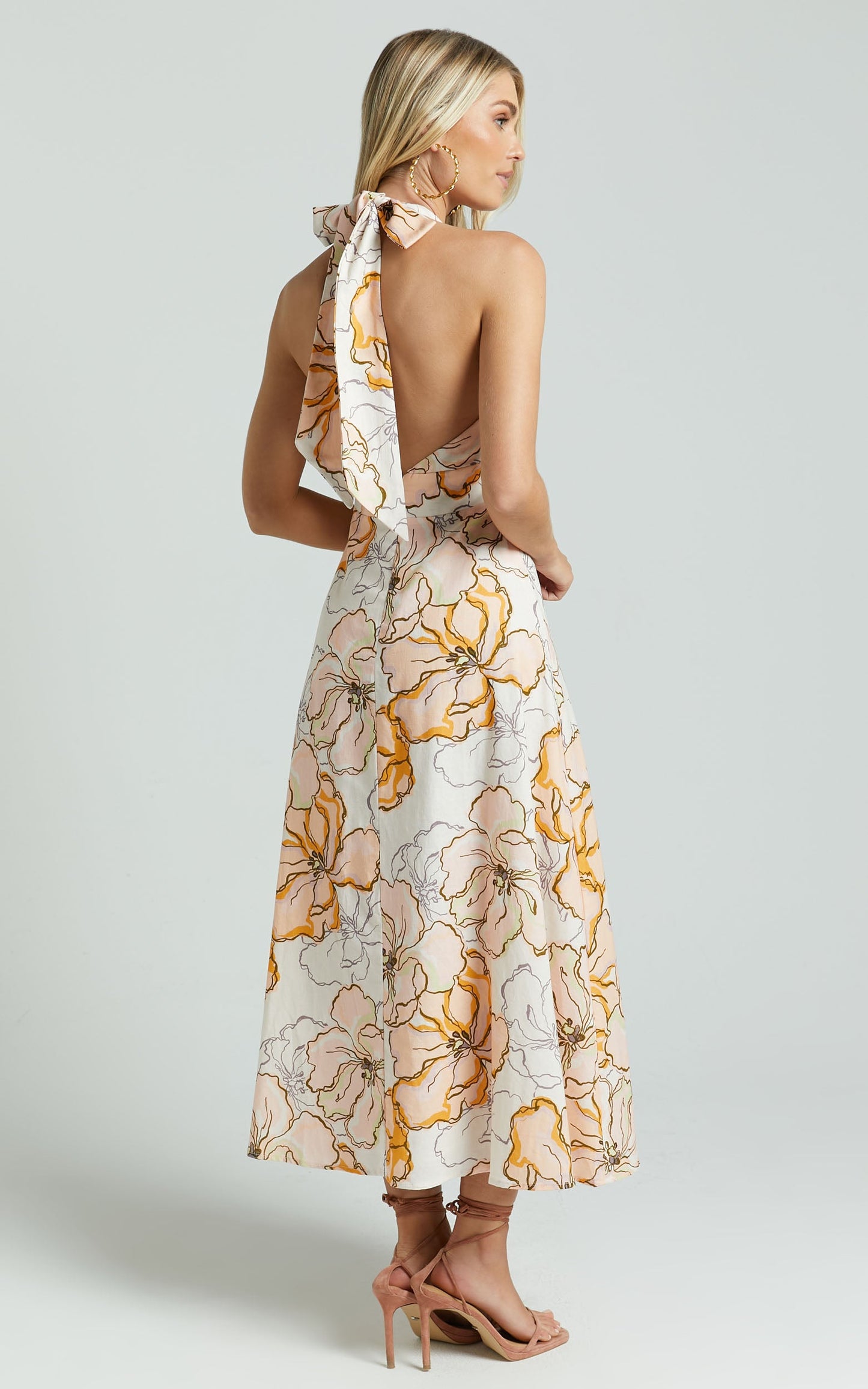 Amalie The Label - Freesia Linen Blend Halter Tie Neck Midi Dress in Maison Fleur