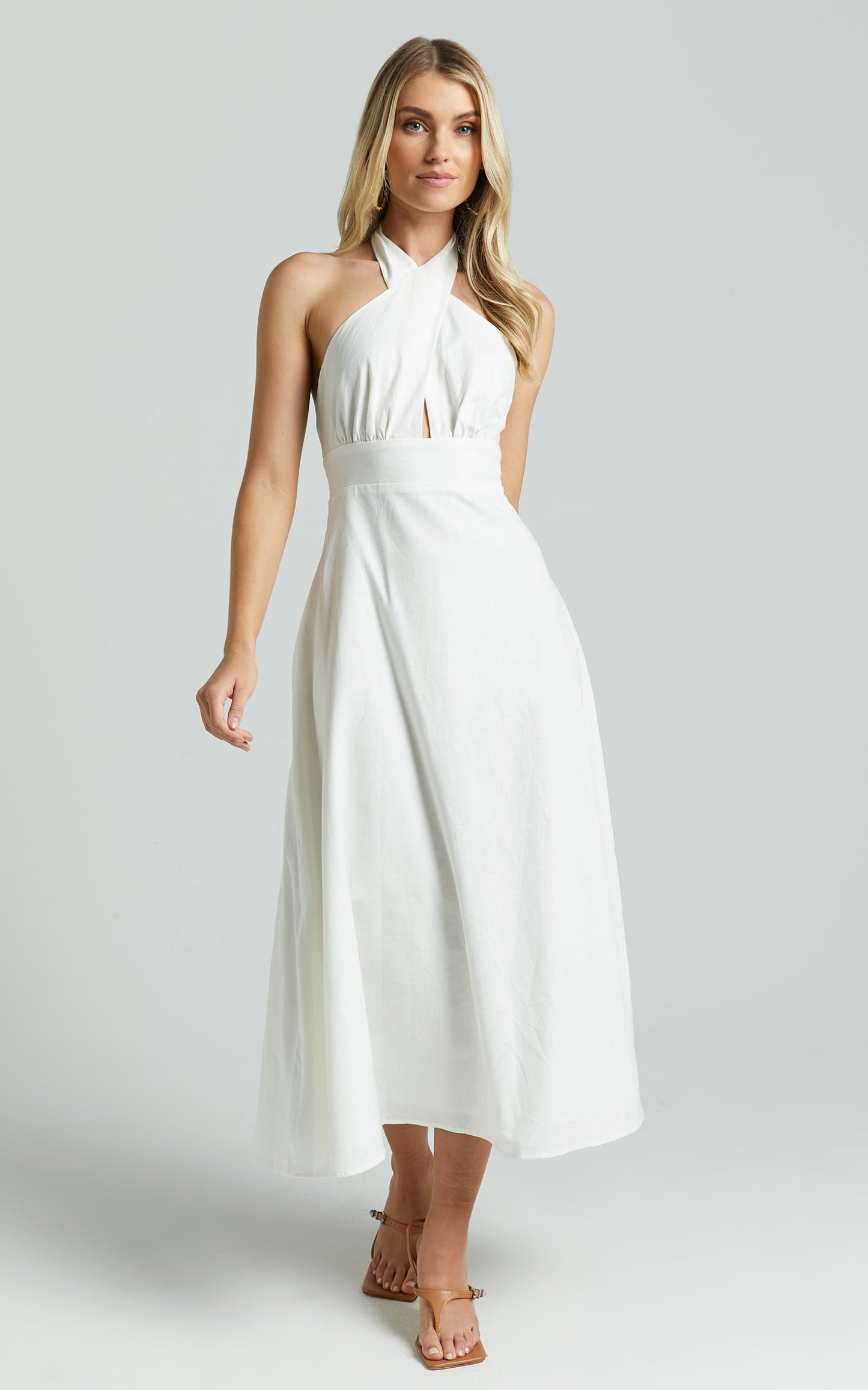 Amalie The Label - Freesia Linen Blend Halter Tie Neck Midi Dress in White