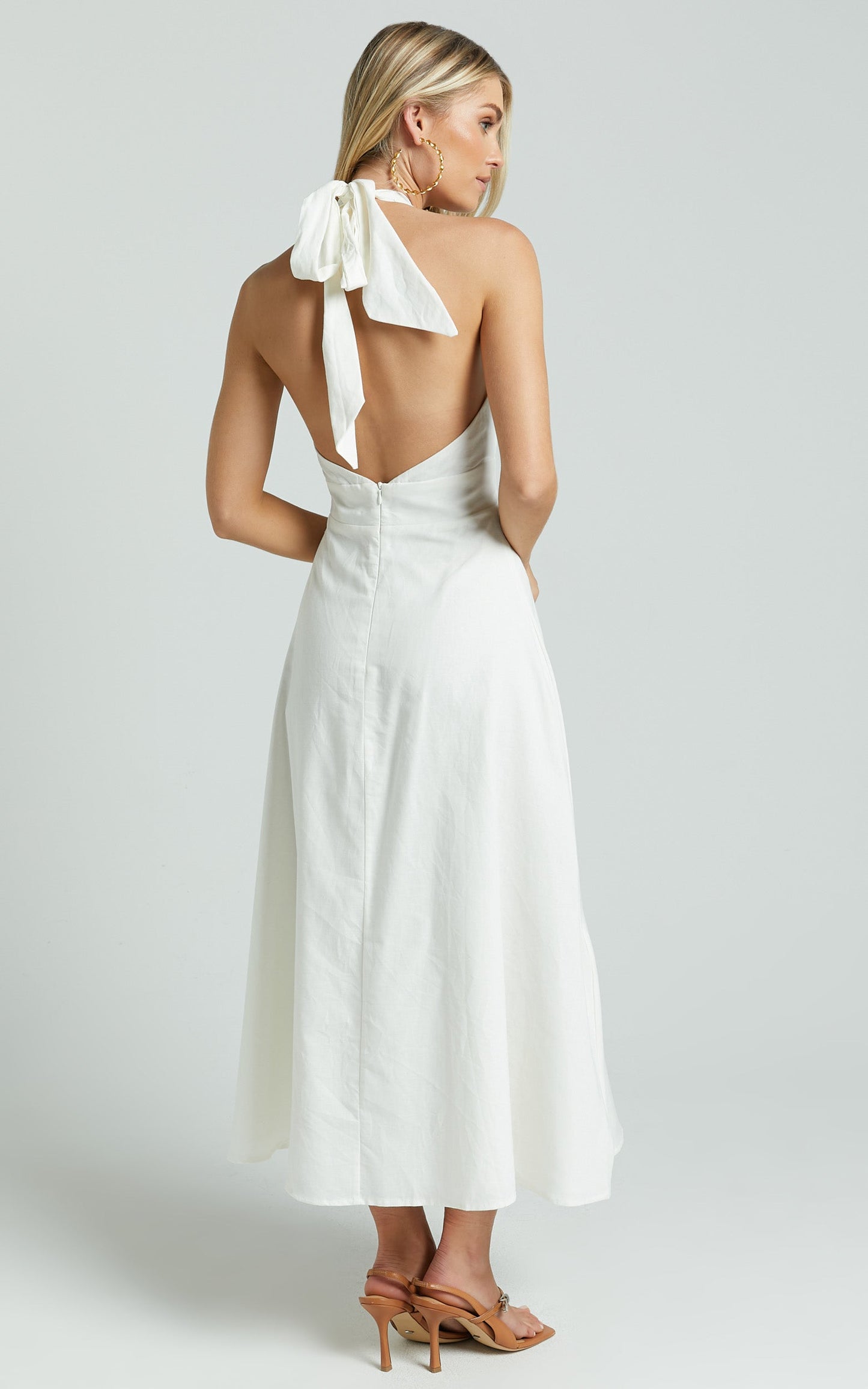 Amalie The Label - Freesia Linen Blend Halter Tie Neck Midi Dress in White