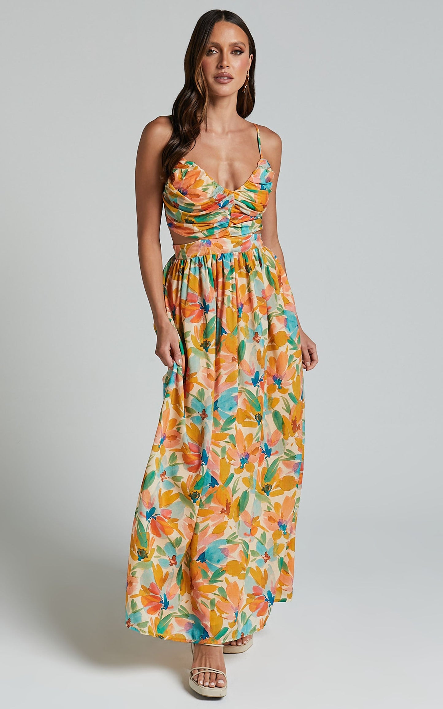 Amalie The Label - Jaida Linen Blend Ruched Cut Out Maxi Dress in Manhattan Print