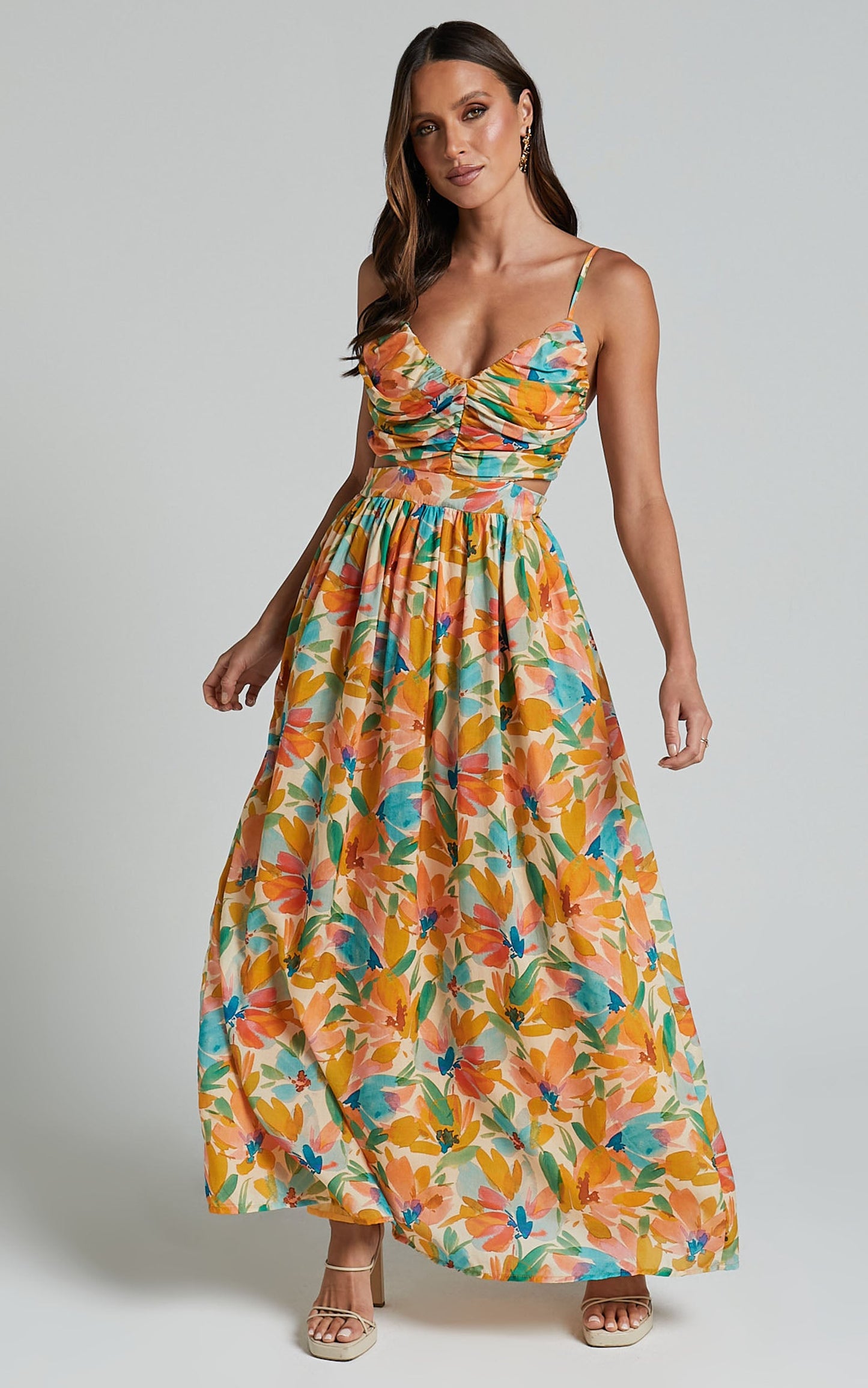 Amalie The Label - Jaida Linen Blend Ruched Cut Out Maxi Dress in Manhattan Print