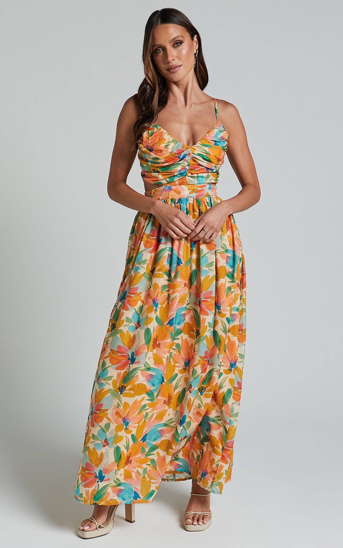 Amalie The Label - Jaida Linen Blend Ruched Cut Out Maxi Dress in Manhattan Print