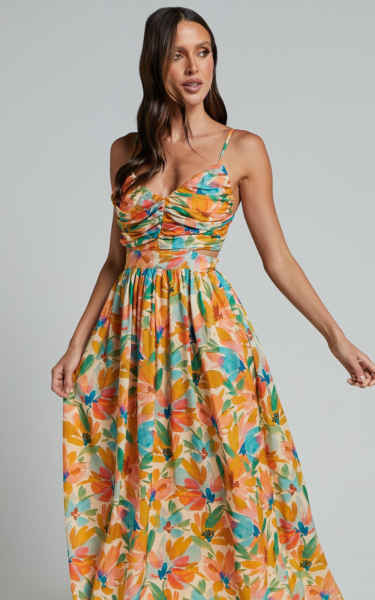 Amalie The Label - Jaida Linen Blend Ruched Cut Out Maxi Dress in Manhattan Print