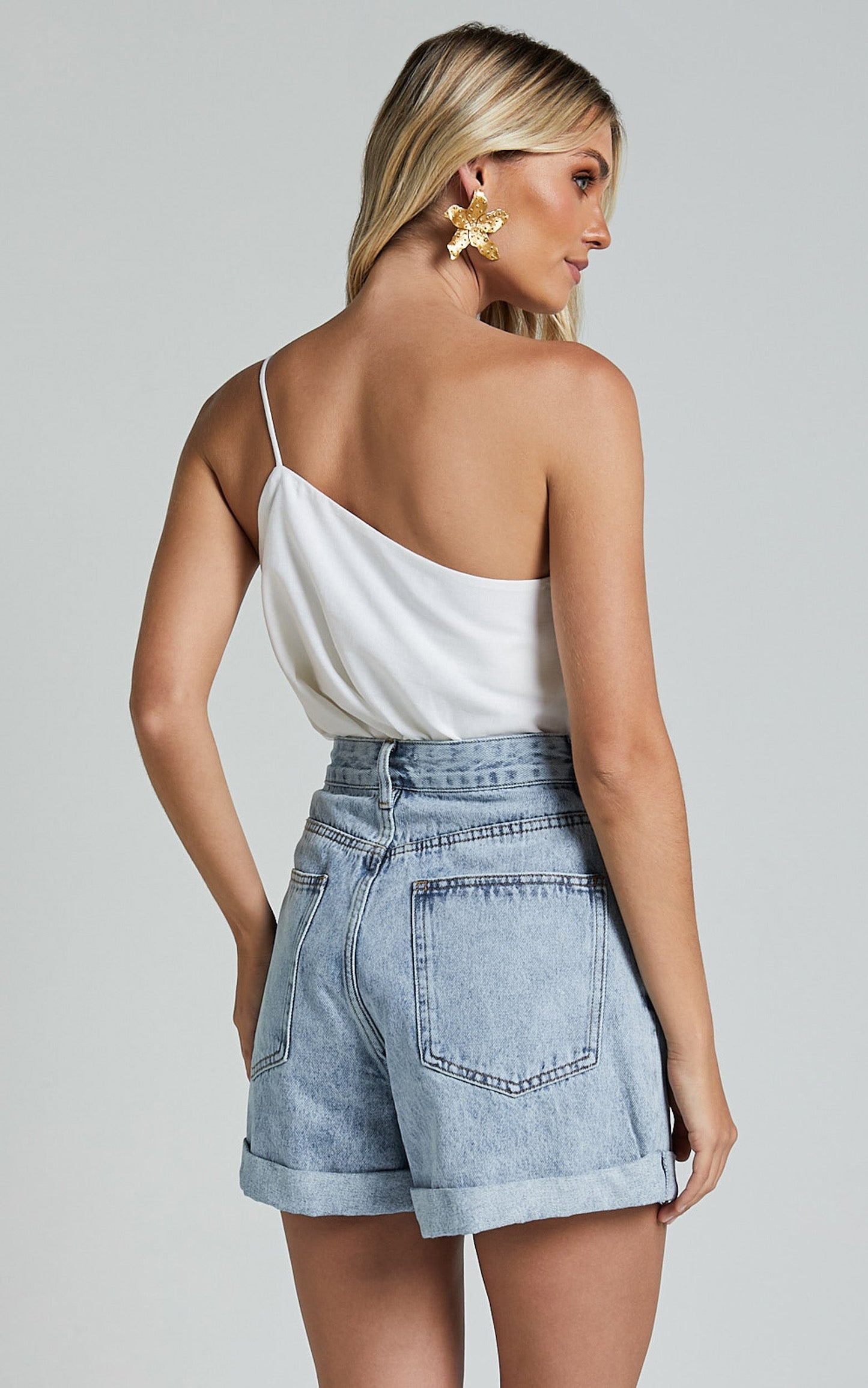 Amalie The Label - Jaylin Recycled Cotton High Waisted Denim Shorts in Light Blue Wash
