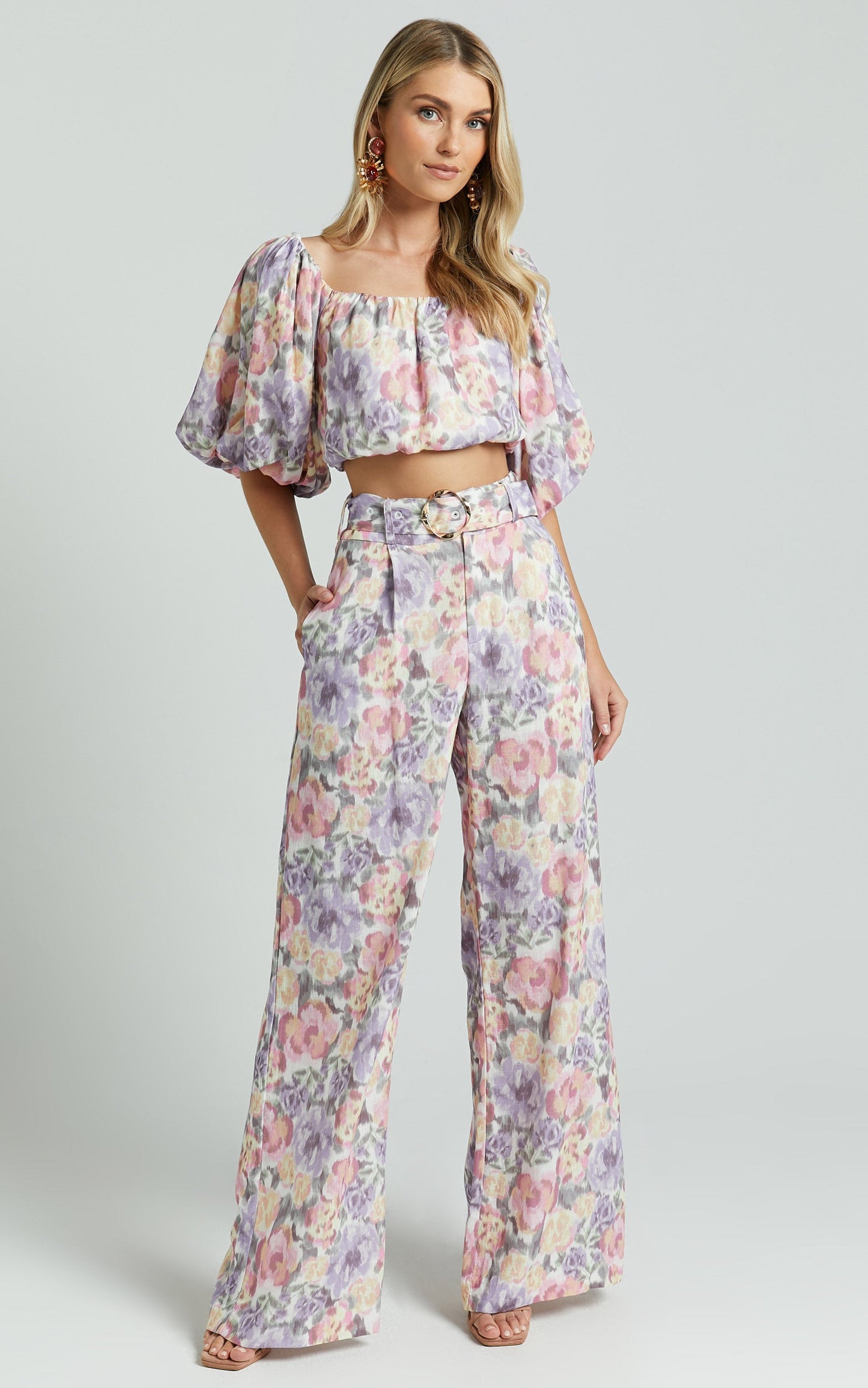 Amalie The Label - Aldina Linen Blend High Waisted Belted Straight Leg Pants in Aurora Print