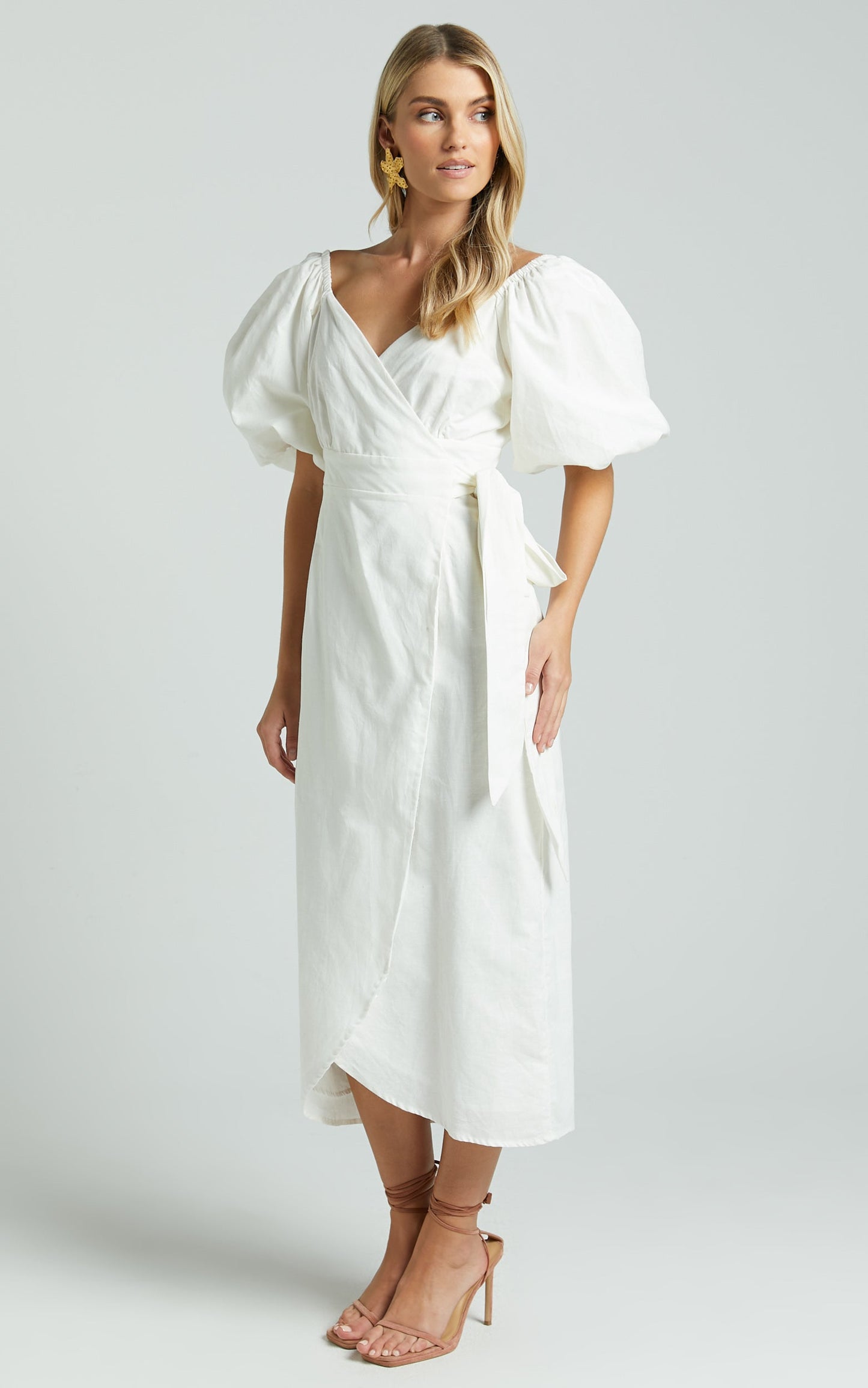 Amalie The Label - Maelle Linen Blend Short Puff Sleeve Wrap Midi Dress in White