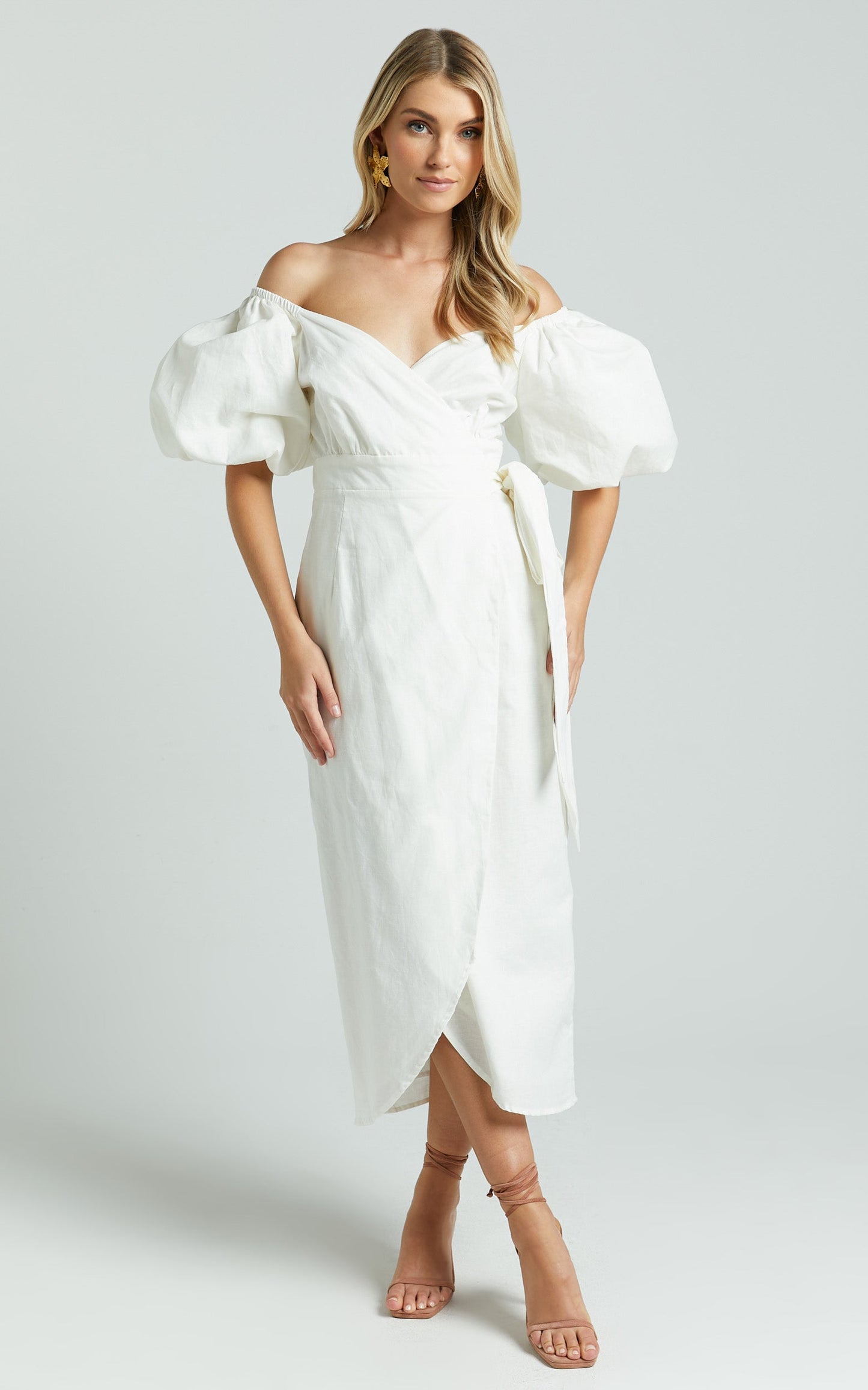 Amalie The Label - Maelle Linen Blend Short Puff Sleeve Wrap Midi Dress in White