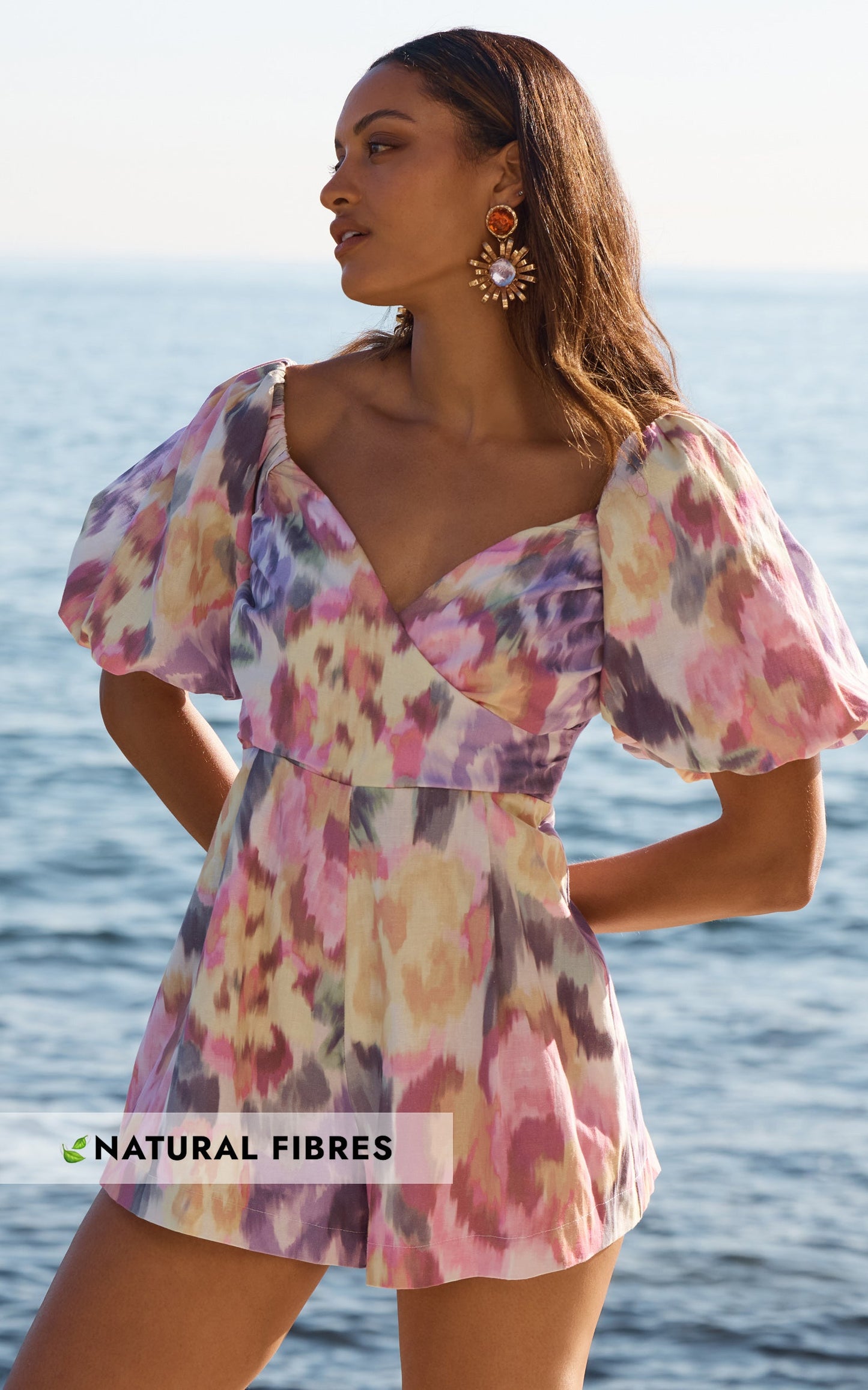 Amalie The Label - Palais Linen Blend Off Shoulder Puff Sleeve Sweetheart Neck Playsuit in Montreuil Print