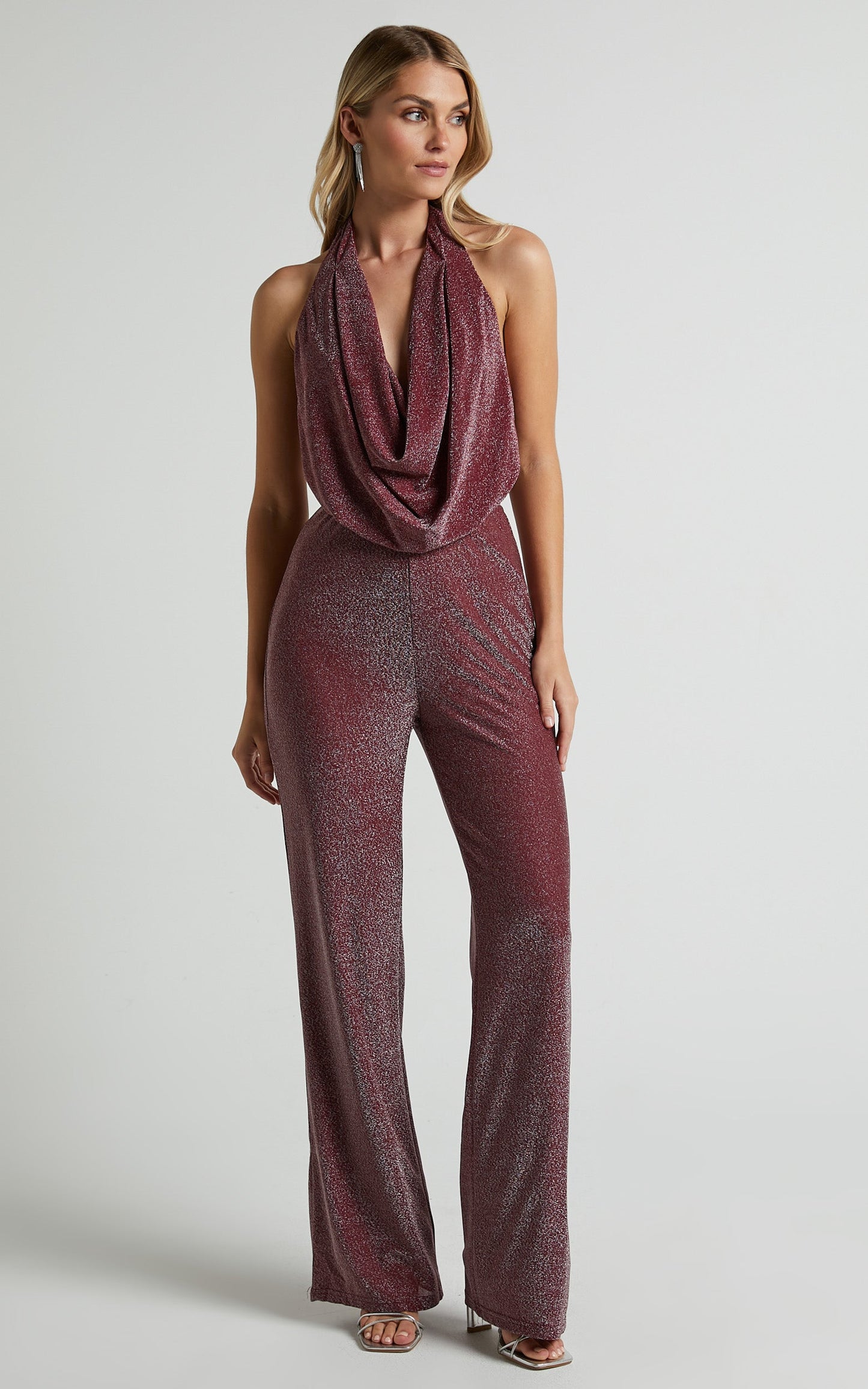 Amaliee Jumpsuit - Halter Neck Cowl Front Jumpsuit in Wine