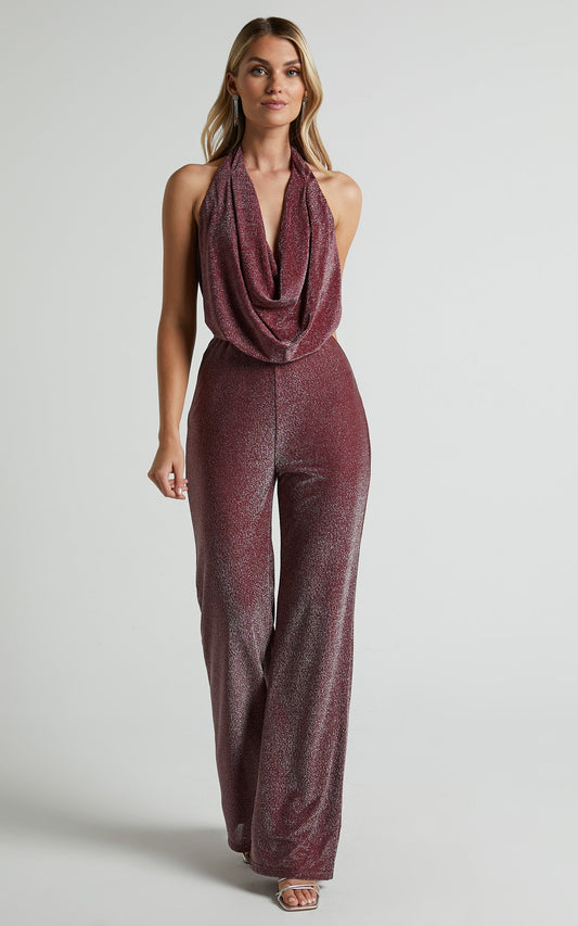 Amaliee Jumpsuit - Halter Neck Cowl Front Jumpsuit in Wine
