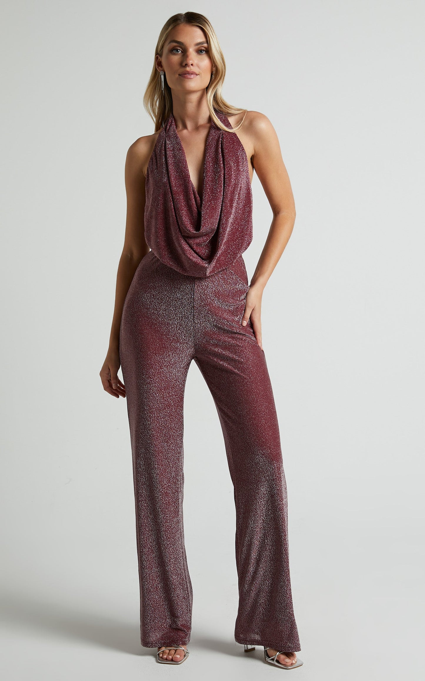 Amaliee Jumpsuit - Halter Neck Cowl Front Jumpsuit in Wine