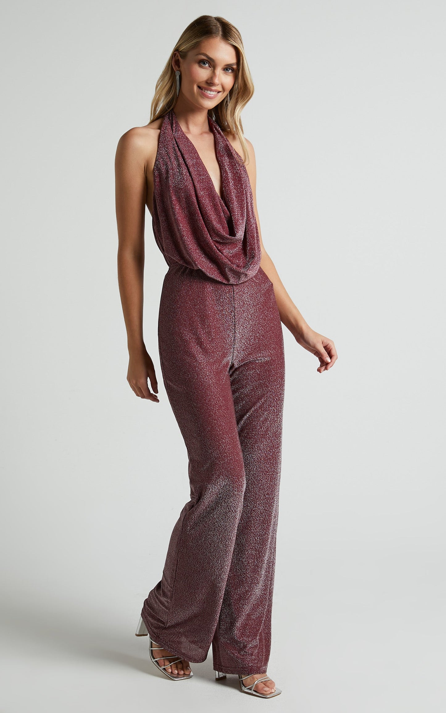 Amaliee Jumpsuit - Halter Neck Cowl Front Jumpsuit in Wine