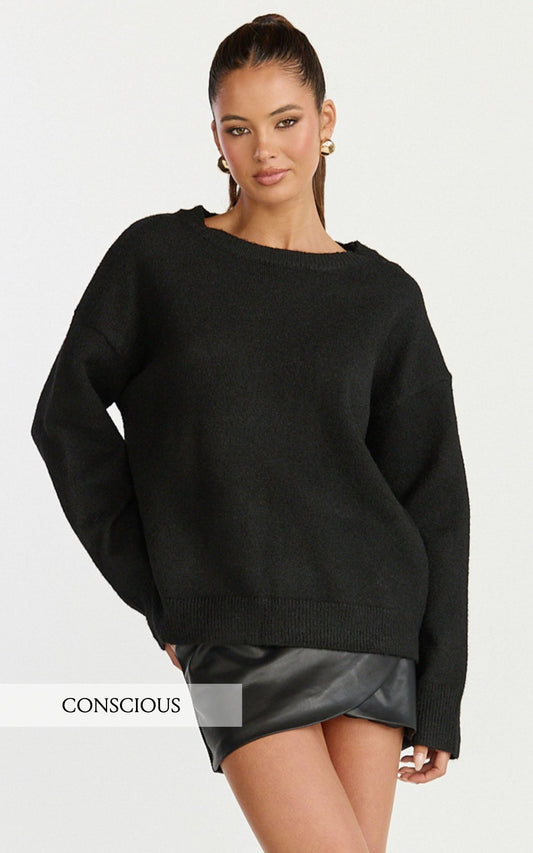Amanda Top - Crew Neck Long Sleeve Knit Sweater in Black