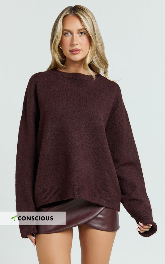 Amanda Top - Crew Neck Long Sleeve Knit Sweater in Burgundy
