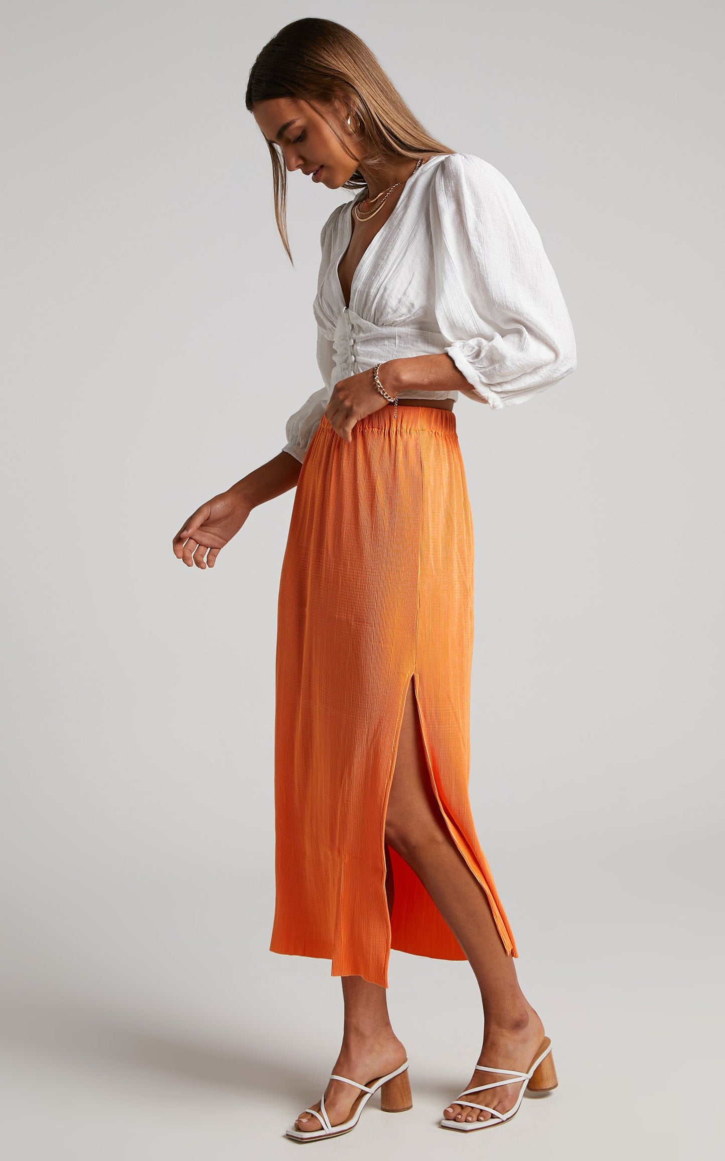 Amarante Midi Skirt - Side Split Plisse Skirt in Orange