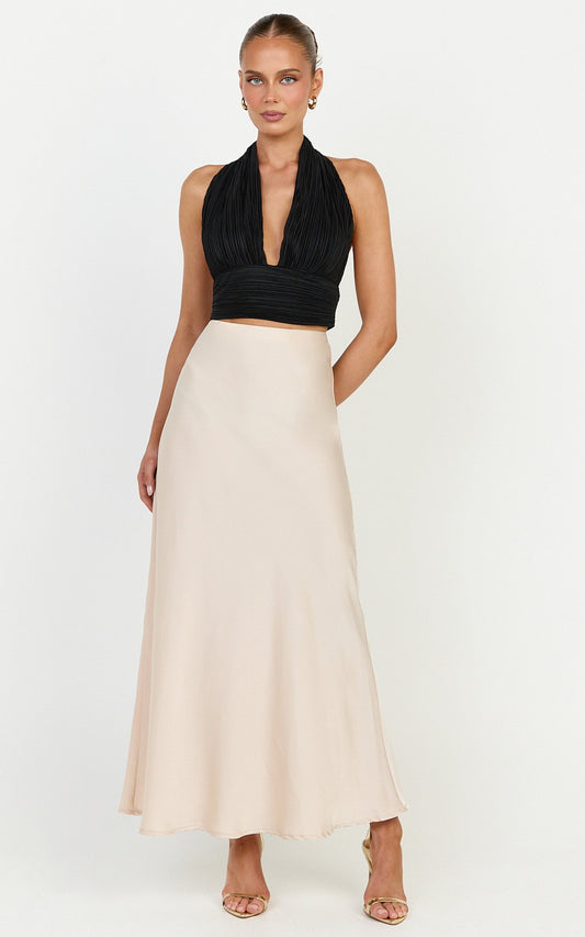 Amari Maxi Skirt - High Waisted Bias Cut Skirt in Champagne