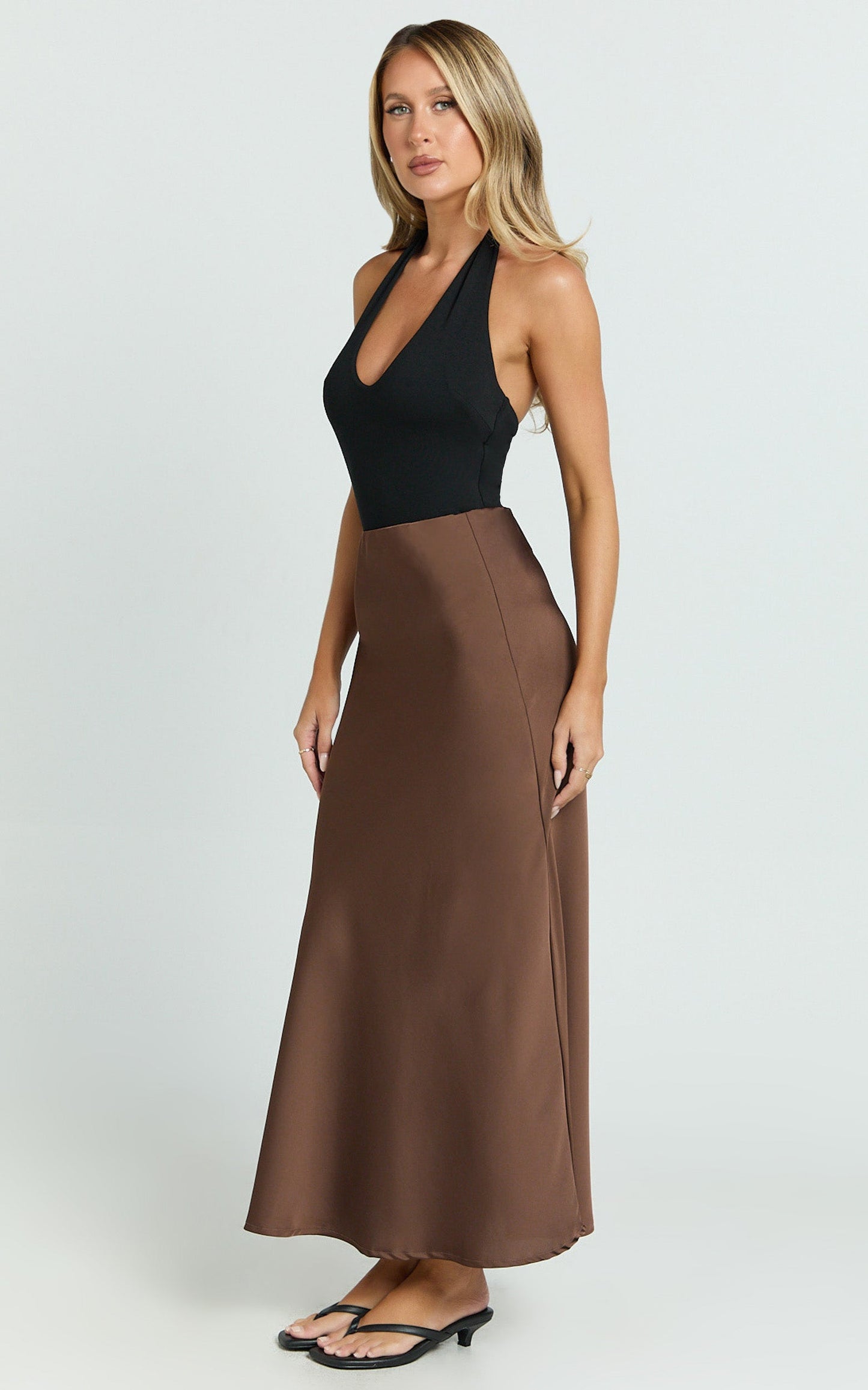 Amari Maxi Skirt - High Waisted Bias Cut Skirt in Chocolate