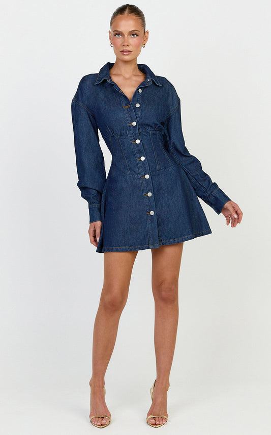 Amaris Mini Dress - Long Sleeve Corset Shirt Dress in Dark Blue Wash
