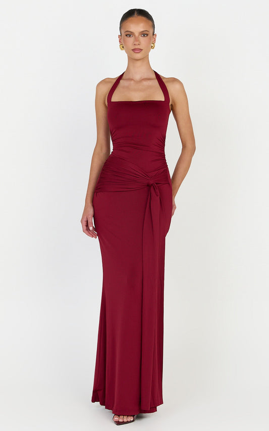 Amaya Maxi Dress - Draped Sash Halter Dress in Burgundy
