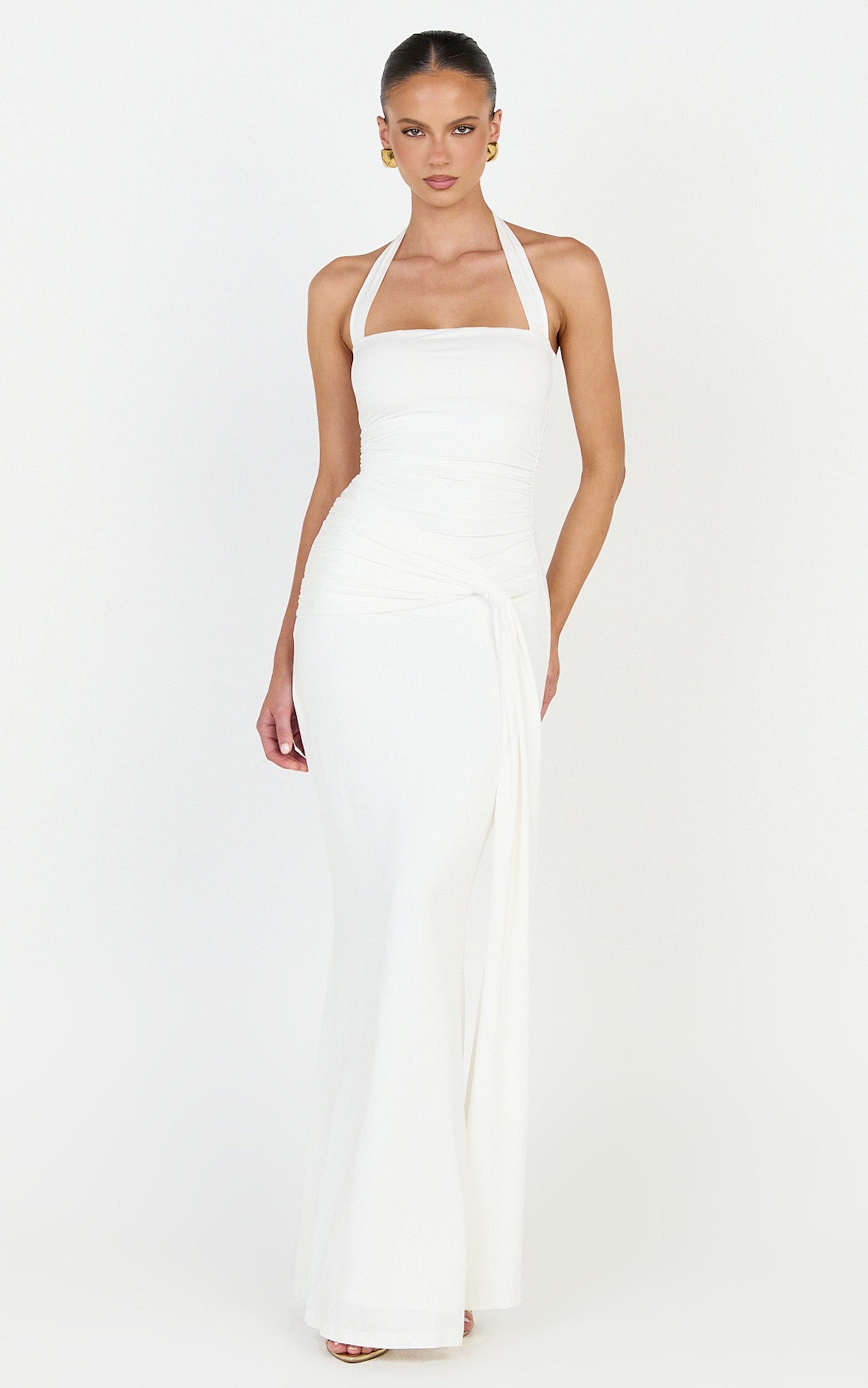 Amaya Maxi Dress - Draped Sash Halter Dress in Cream