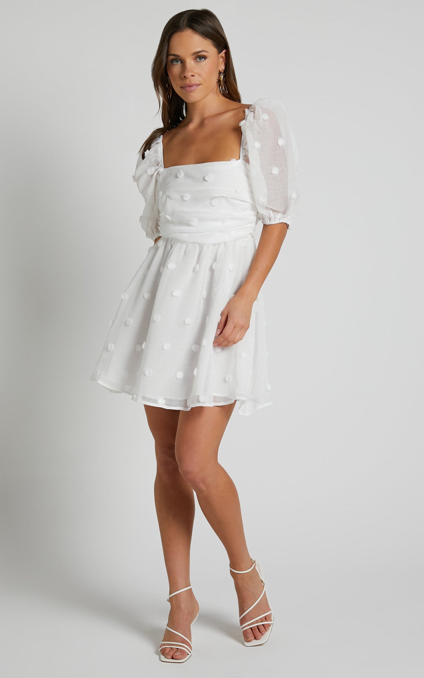 Ambera Mini Dress - Short Puff Sleeve Ruched Bodice A Line Dress in White