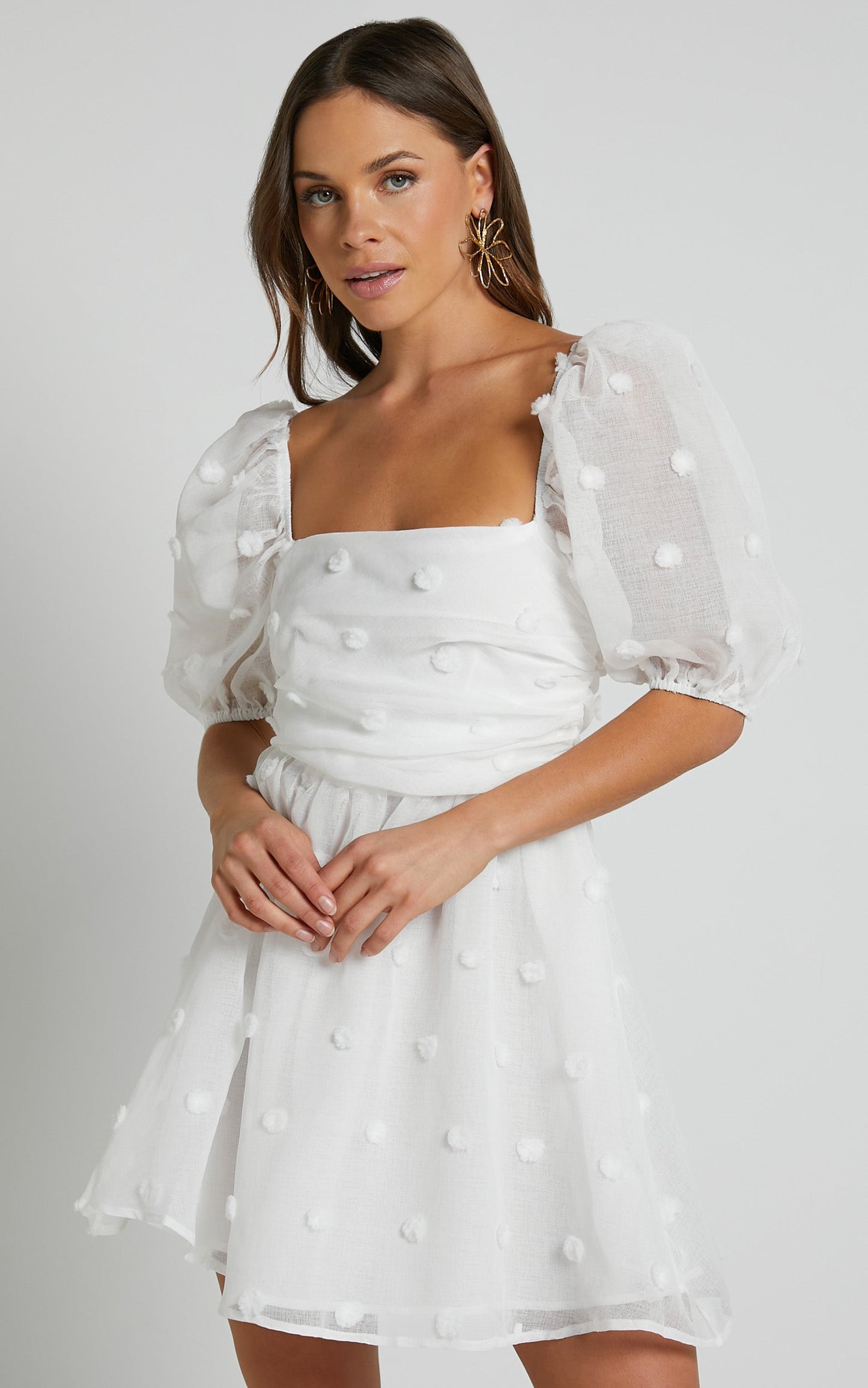 Ambera Mini Dress - Short Puff Sleeve Ruched Bodice A Line Dress in White