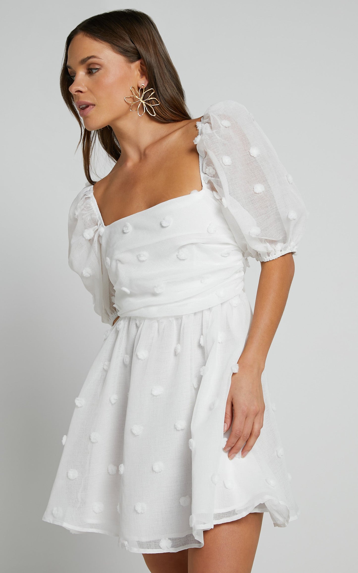 Ambera Mini Dress - Short Puff Sleeve Ruched Bodice A Line Dress in White