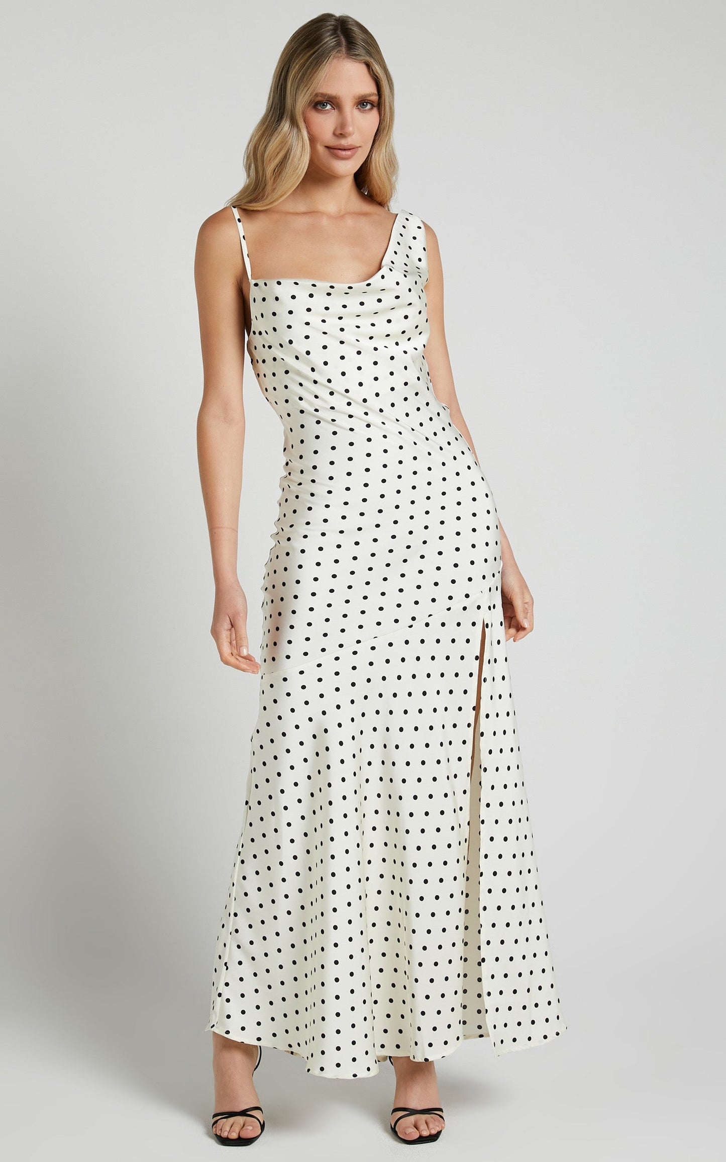 Ambrosia Midi Dress - Asymmetrical Neck Strappy Thigh Split Cowl Back Slip Dress in White Polka
