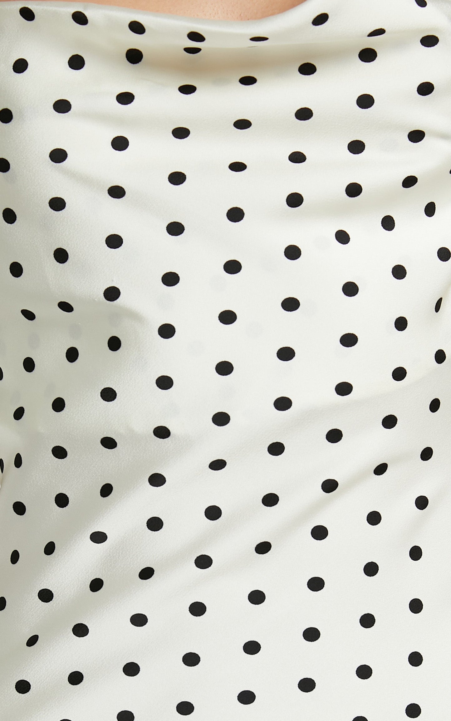 Ambrosia Midi Dress - Asymmetrical Neck Strappy Thigh Split Cowl Back Slip Dress in White Polka
