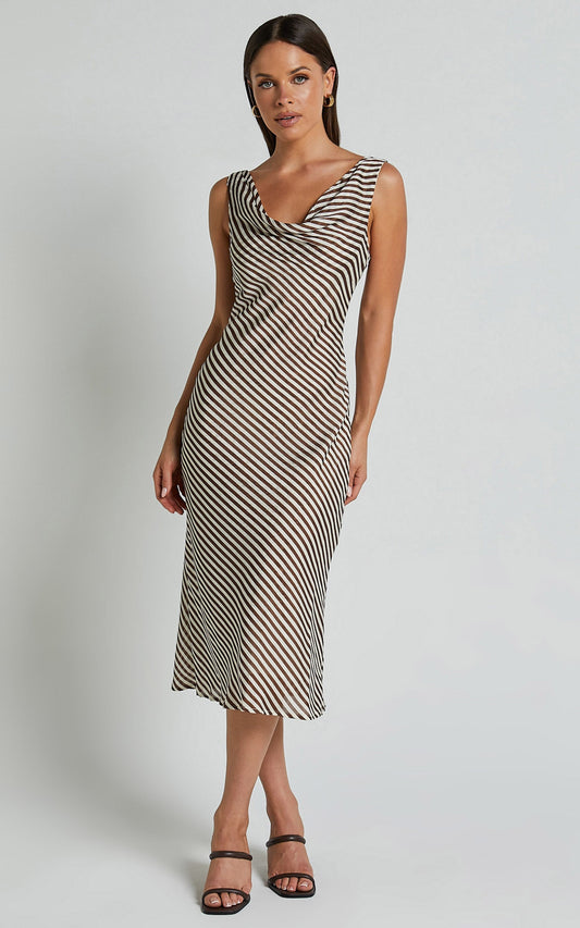Amelia Midi Dress - Cowl Neck Sleeveless Slip Dress in Chocolate Stripe