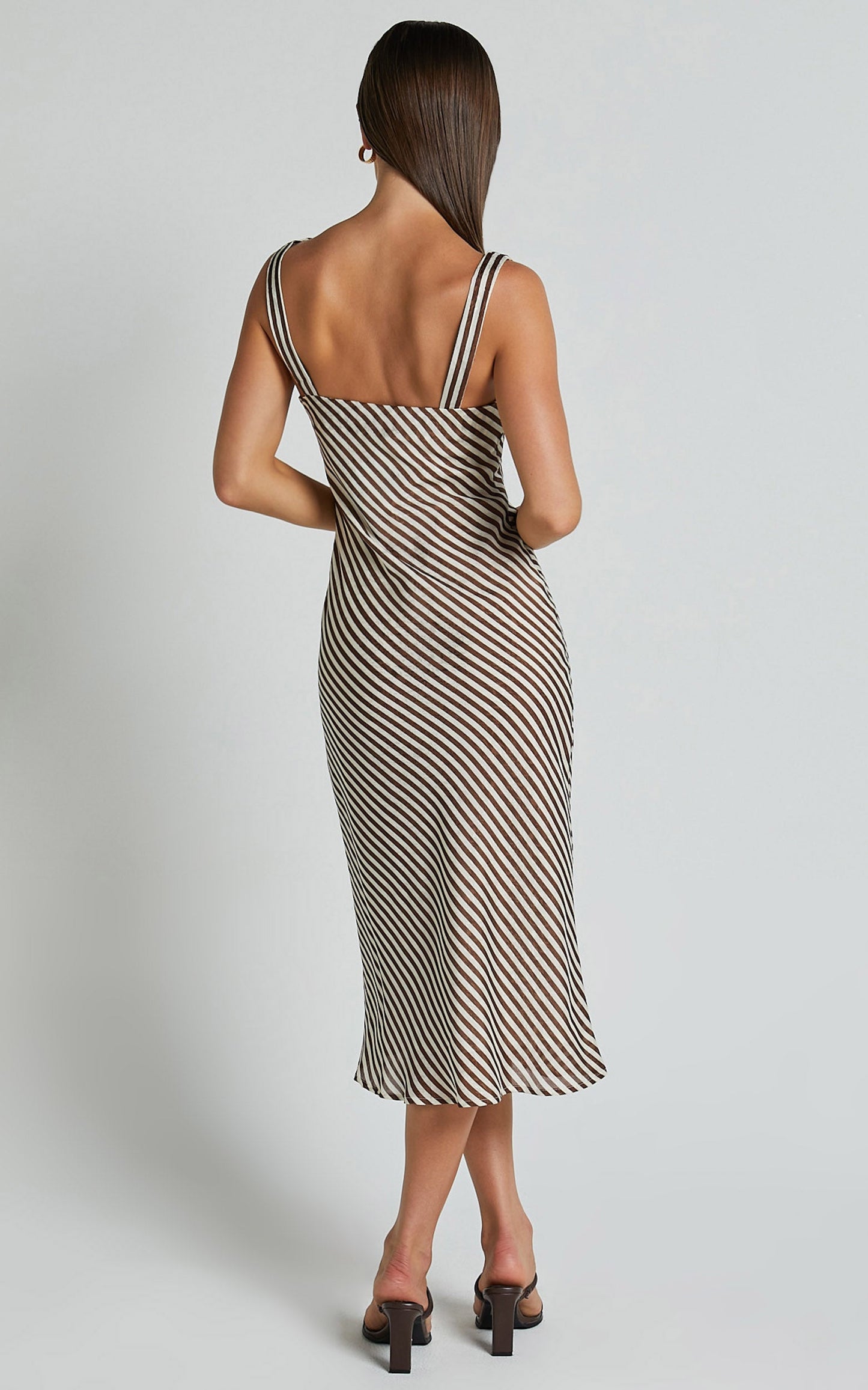 Amelia Midi Dress - Cowl Neck Sleeveless Slip Dress in Chocolate Stripe