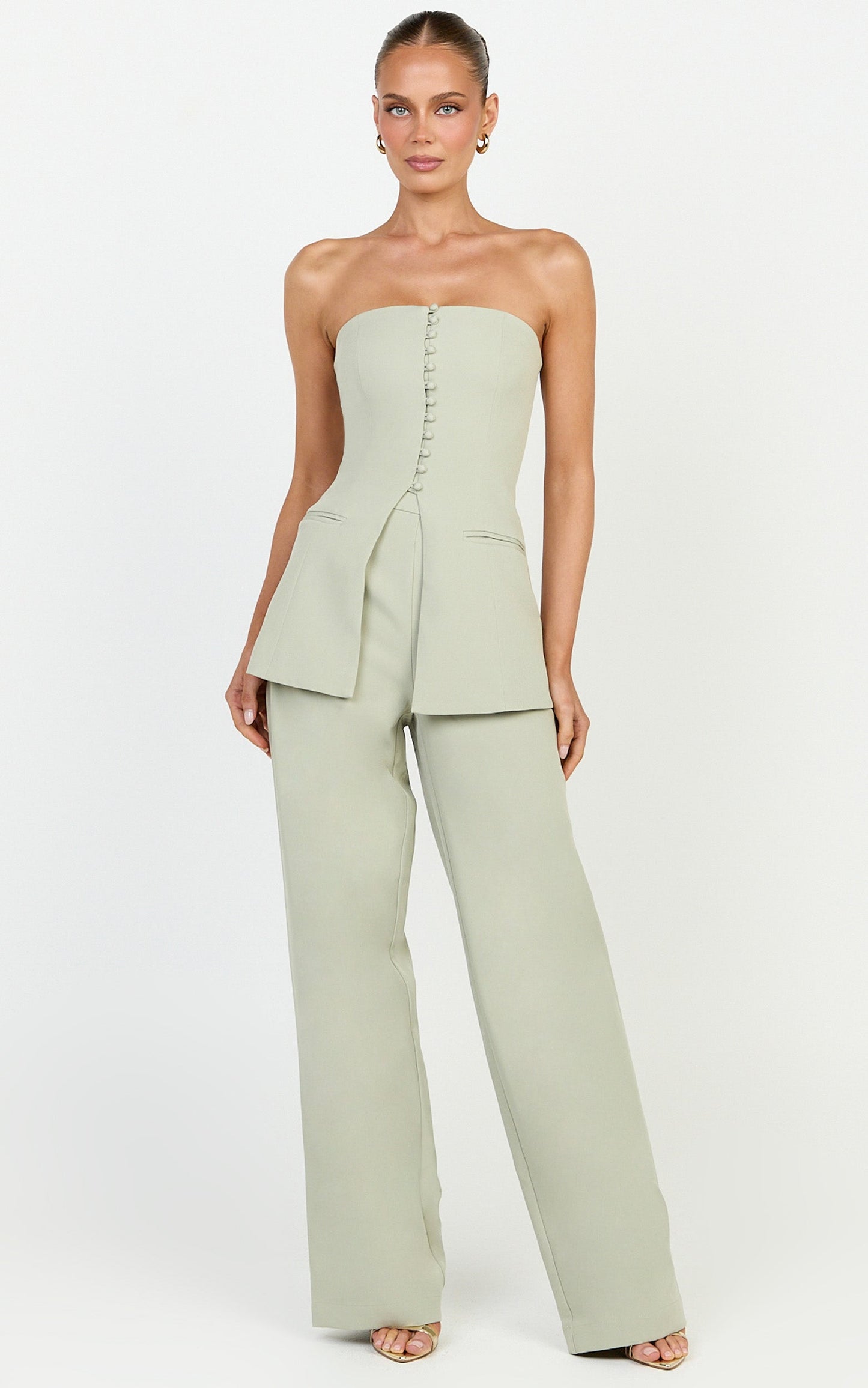 Amelia Two Piece Top and Pant Set - Strapless Button Down Top And Tailored Wide Leg Pants Set in Sage
