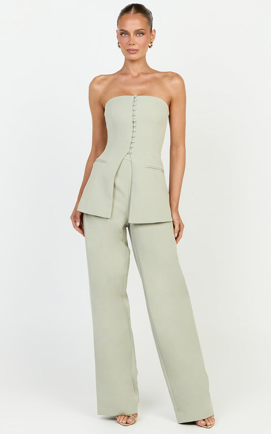 Amelia Two Piece Top and Pant Set - Strapless Button Down Top And Tailored Wide Leg Pants Set in Sage