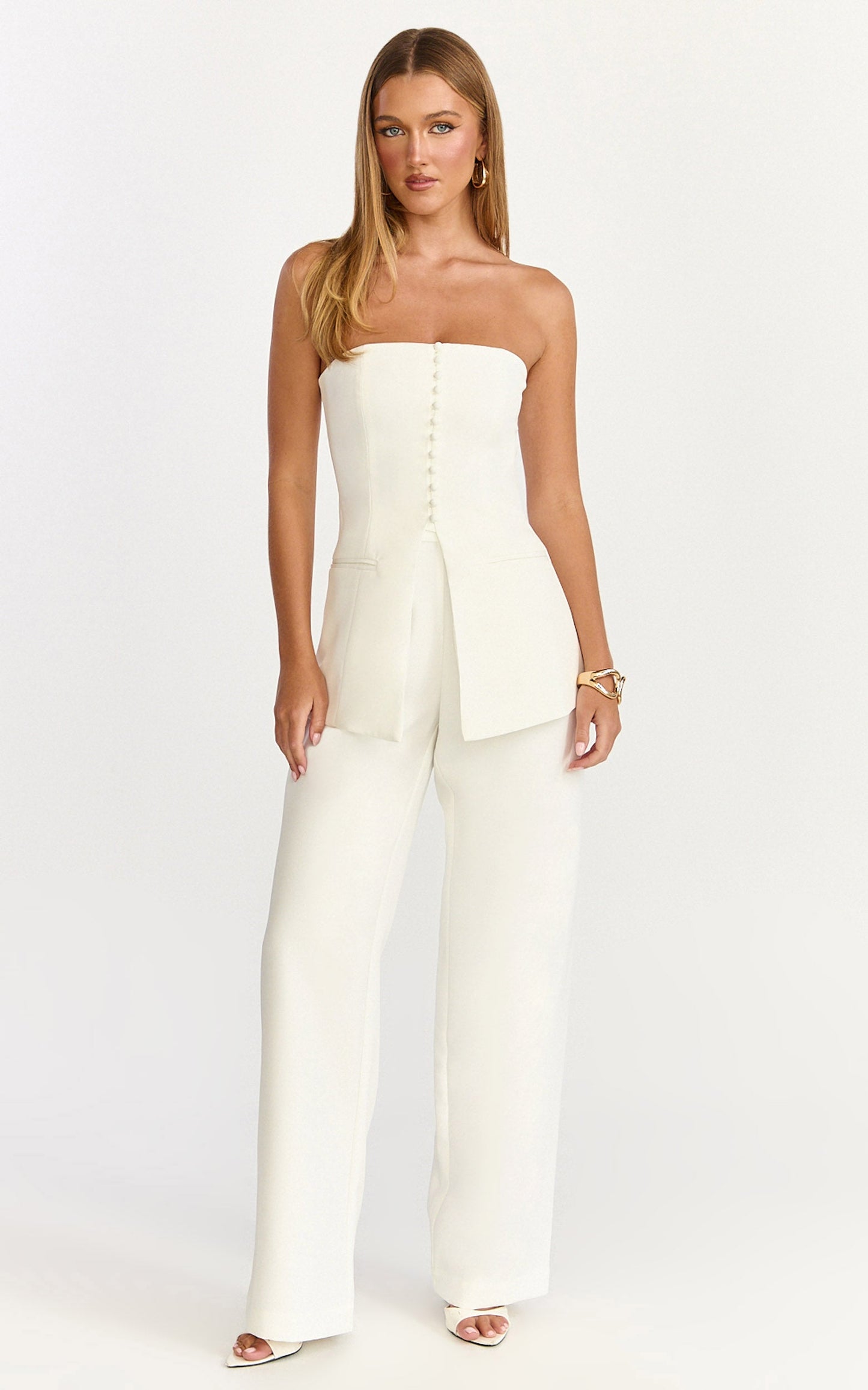 Amelia Two Piece Top and Pant Set - Strapless Button Down Top And Tailored Wide Leg Pants Set in White