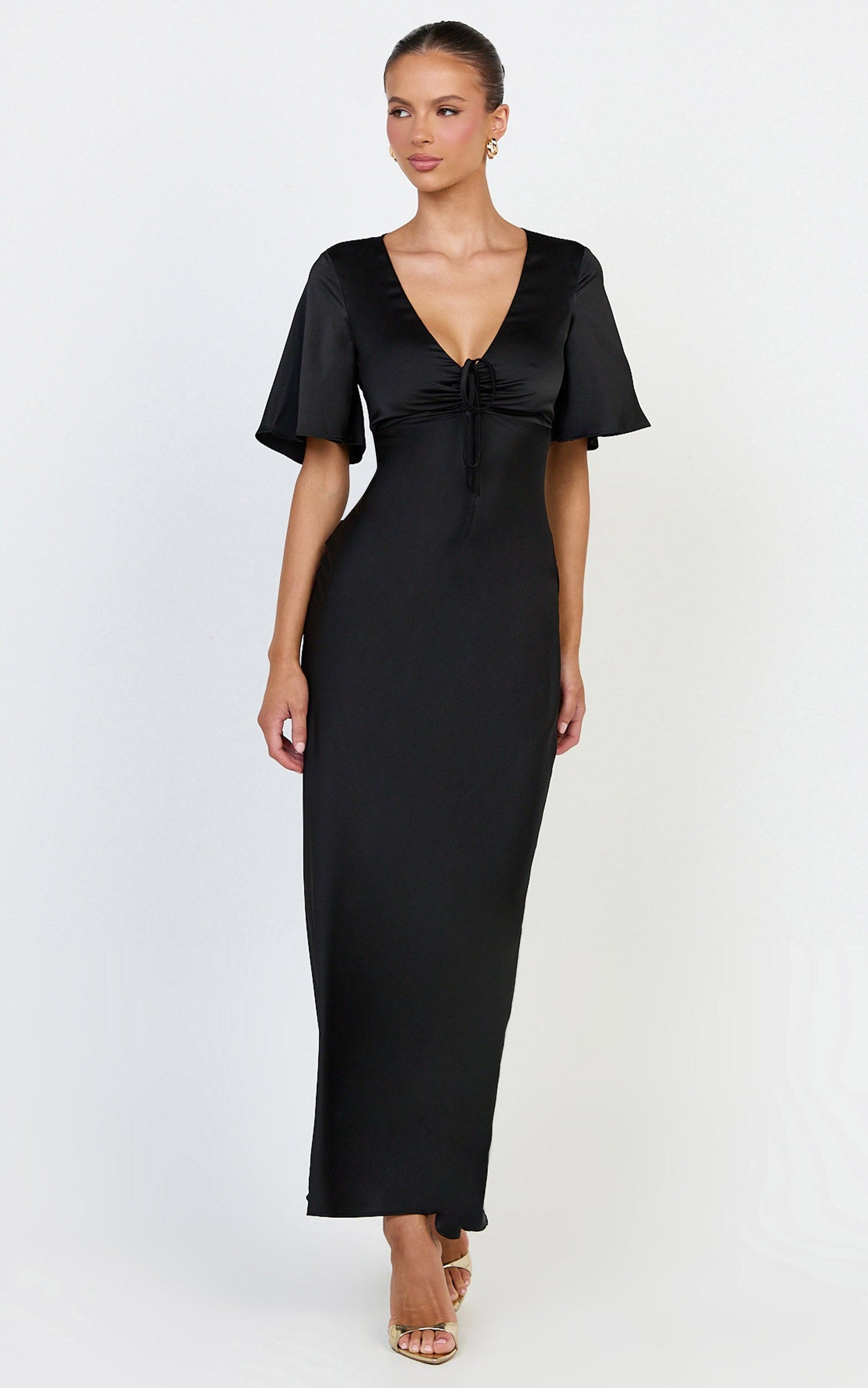 Amelie Maxi Dress - Ruched Front Angel Sleeve Satin Dress in Black