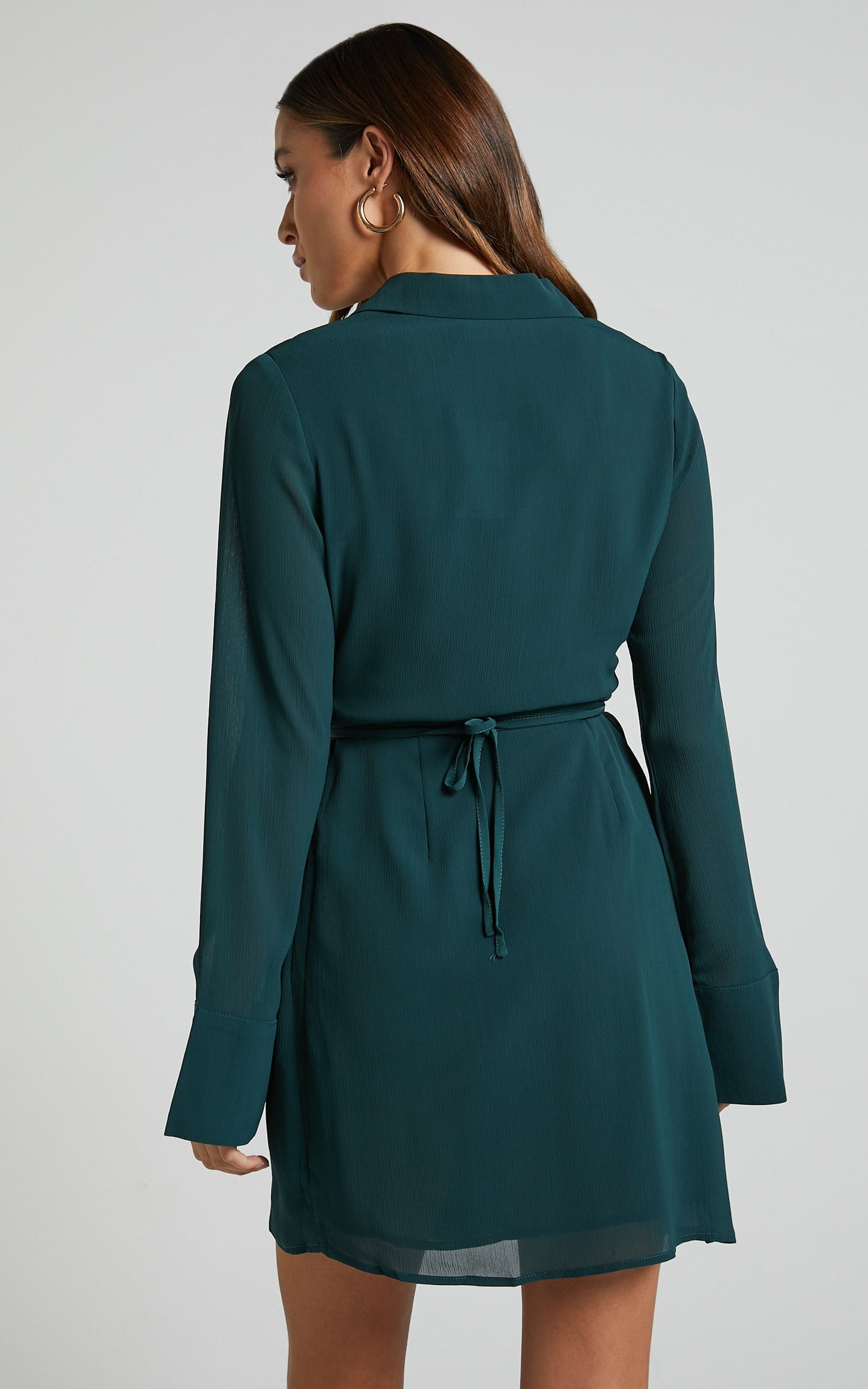 Amelle Mini Dress - Collared Long Sleeve Wrap Dress in Emerald