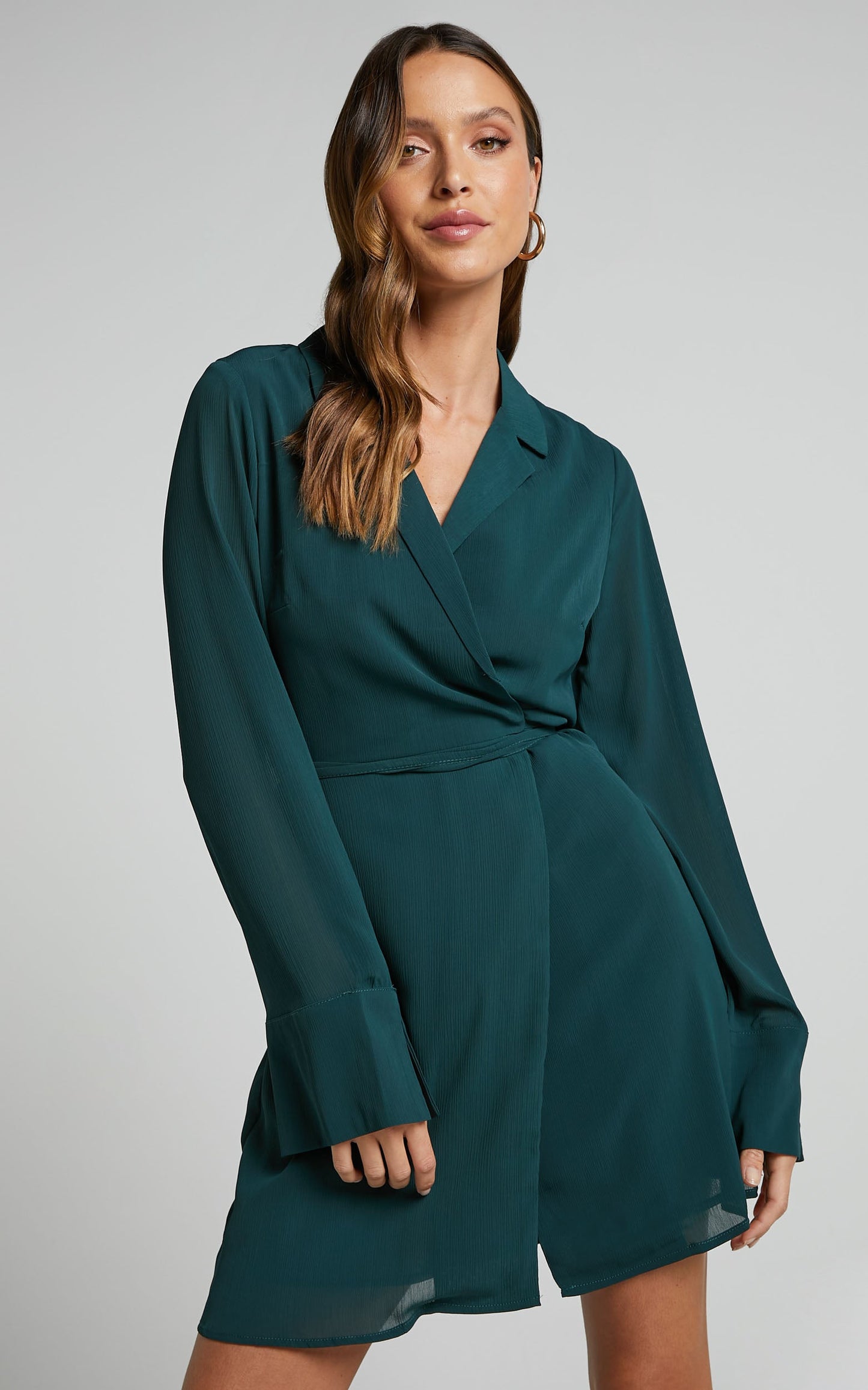Amelle Mini Dress - Collared Long Sleeve Wrap Dress in Emerald