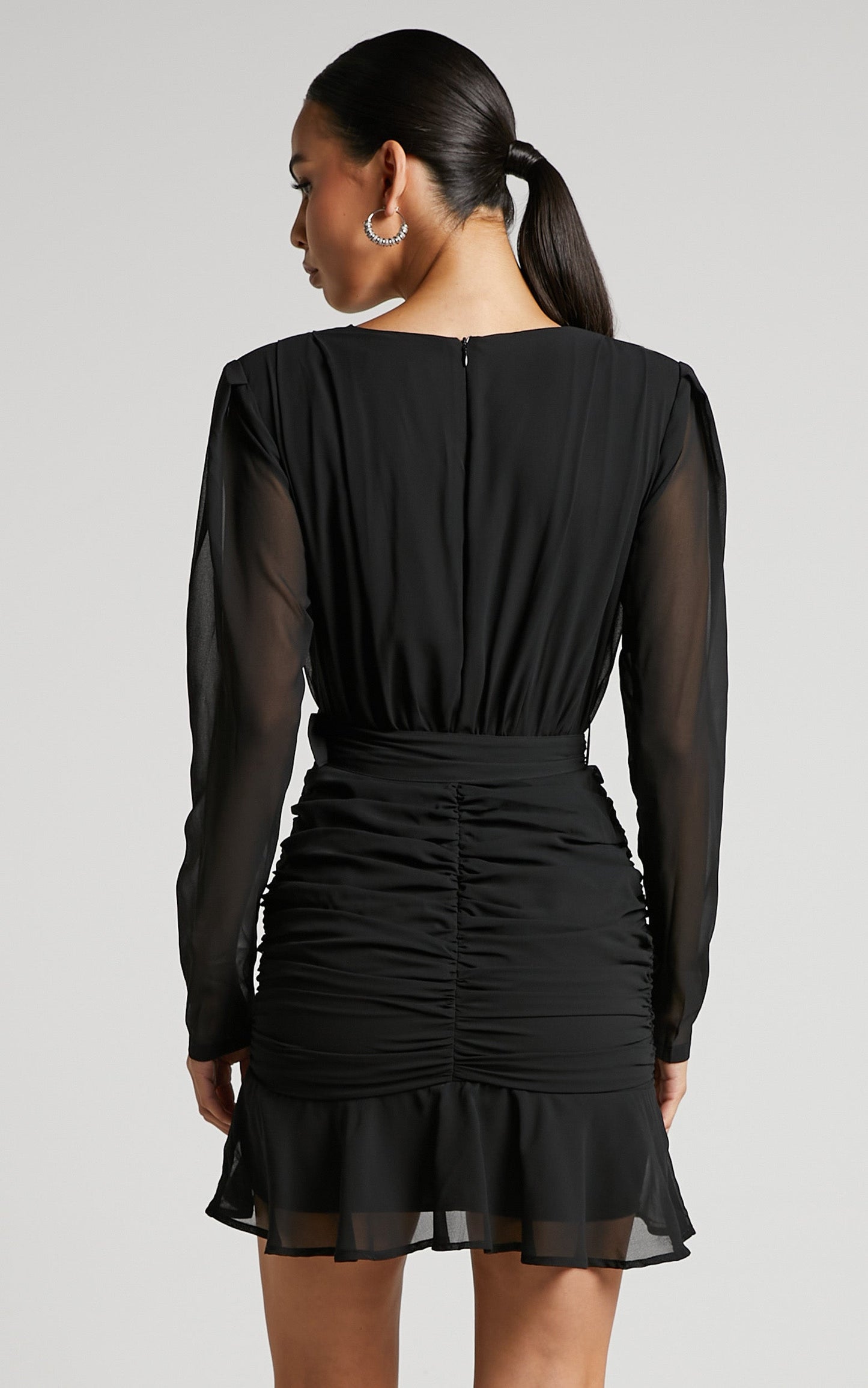 Amias Mini Dress - Ruched Belted Long Sleeve Dress in Black