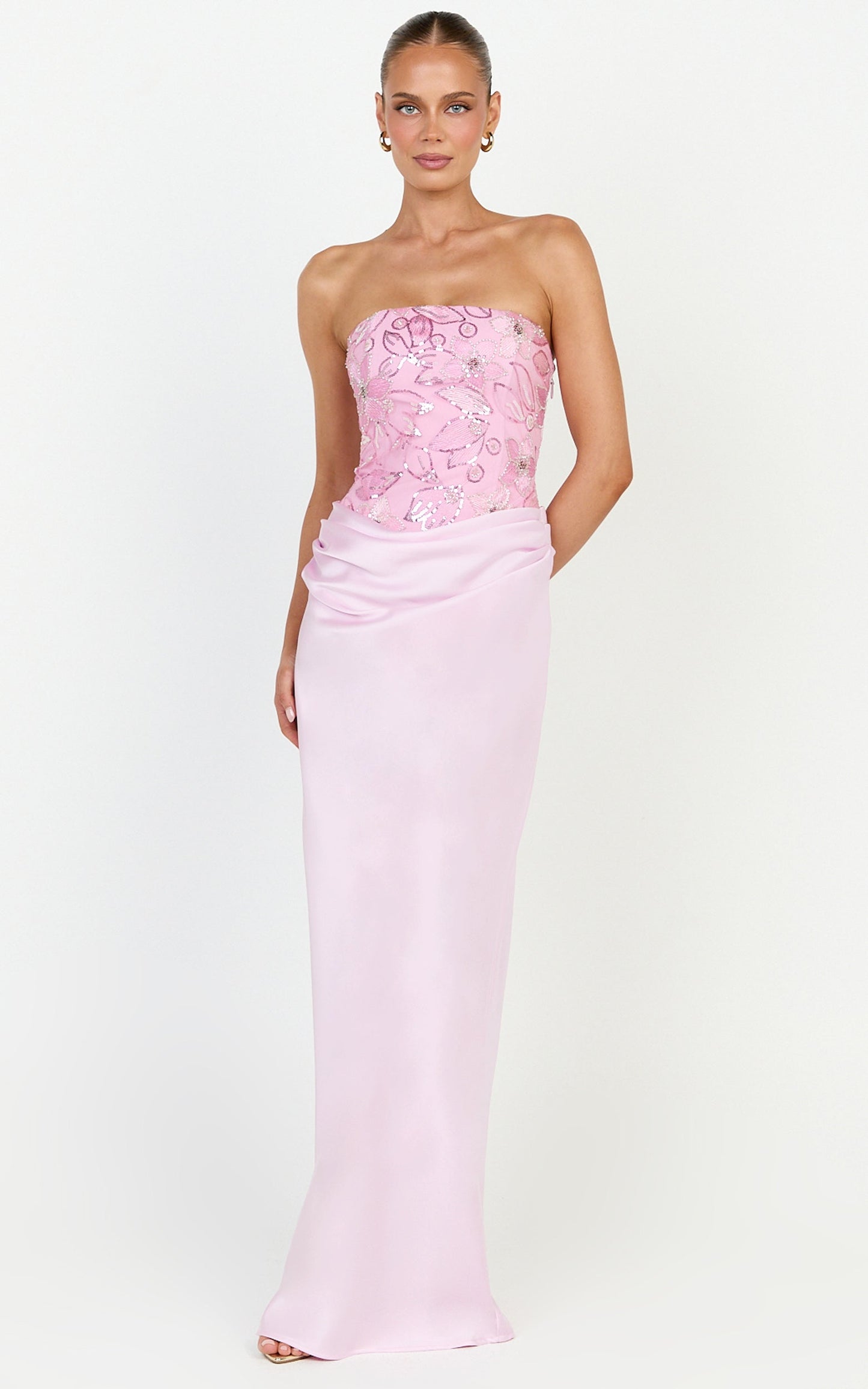 Amie Maxi Dress - Strapless Sequin Bodice Dress With Draped Satin Skirt in Pink