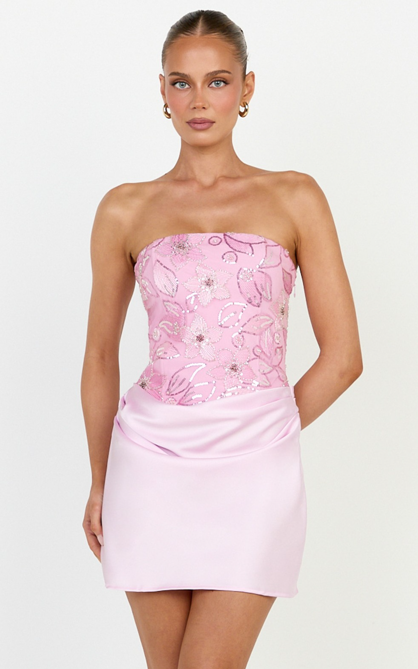 Amie Mini Dress - Strapless Sequin Bodice Dress With Draped Satin Skirt in Pink