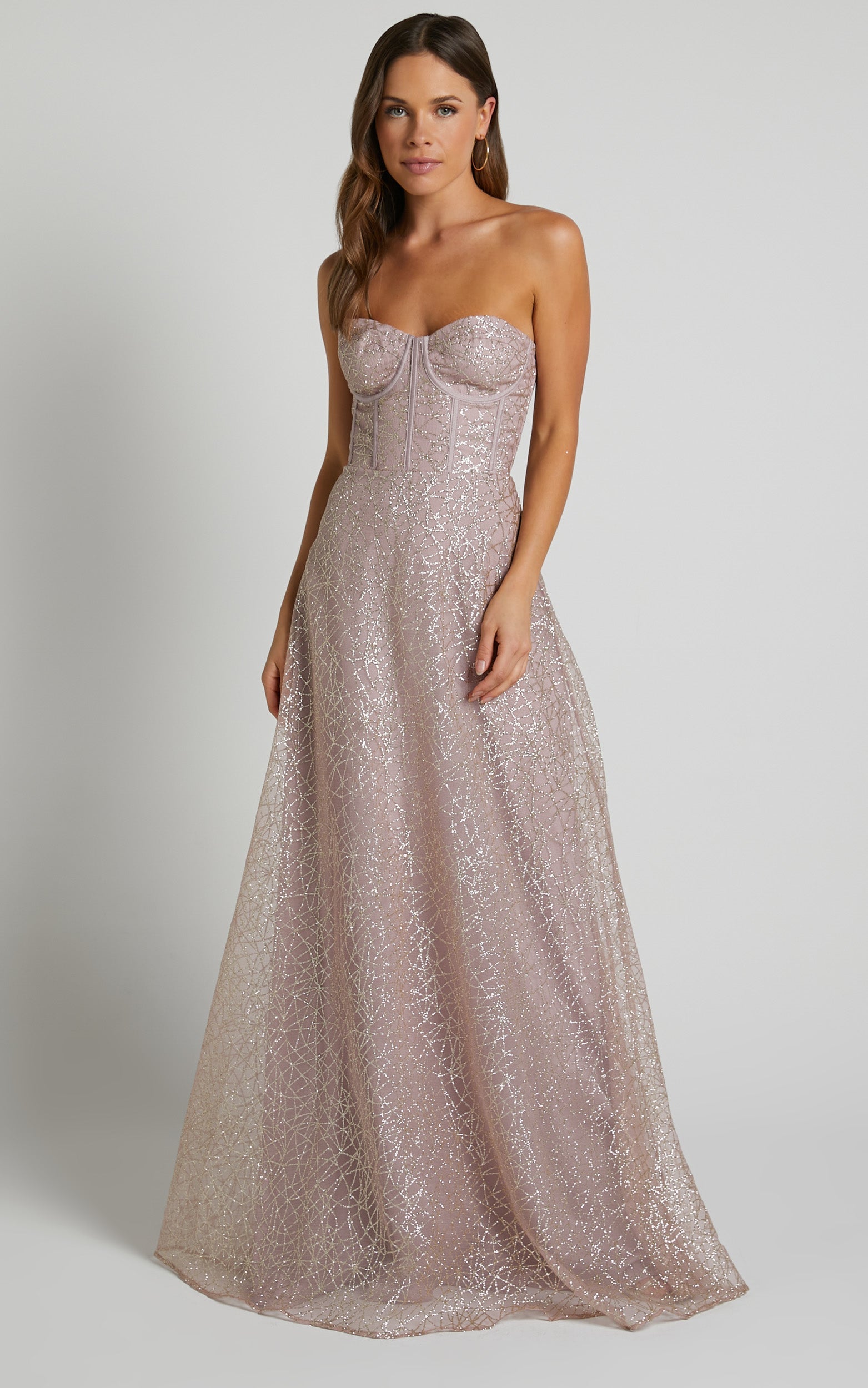 Amielita Maxi Dress - Corset Bodice Glitter Tulle Dress in Blush