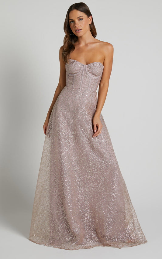 Amielita Maxi Dress - Corset Bodice Glitter Tulle Dress in Blush
