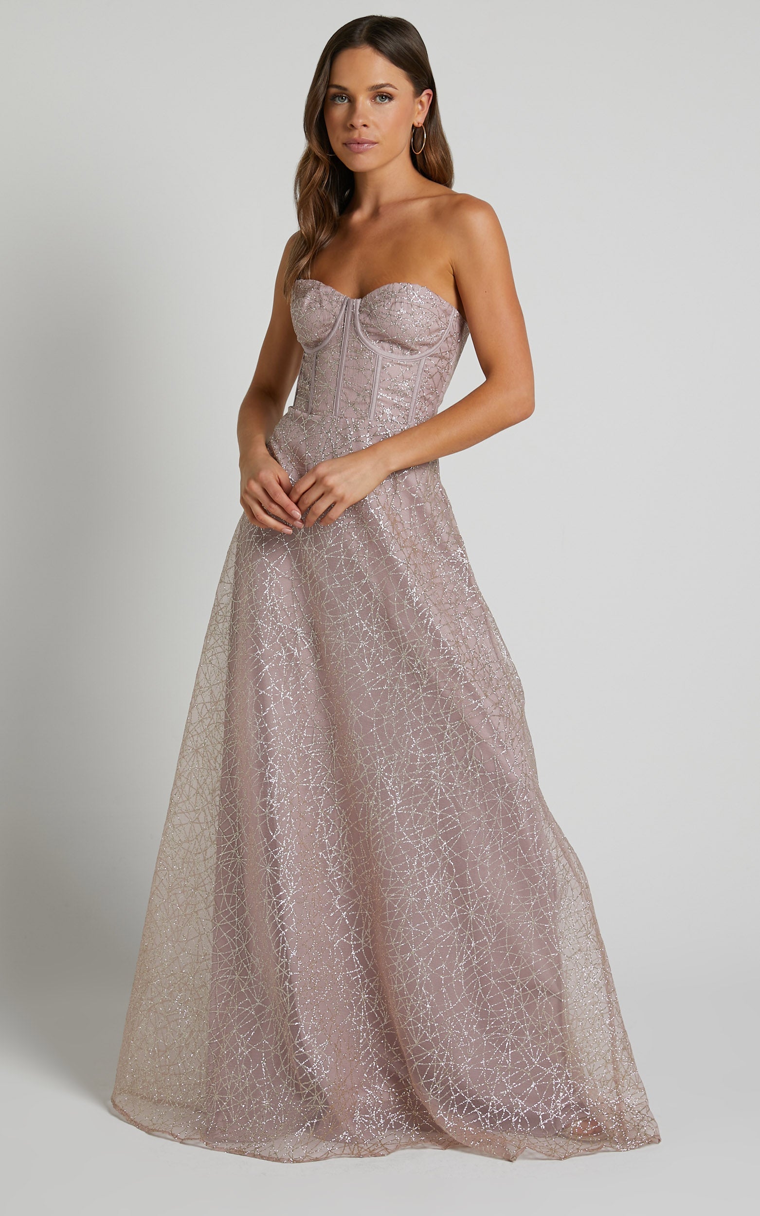 Amielita Maxi Dress - Corset Bodice Glitter Tulle Dress in Blush