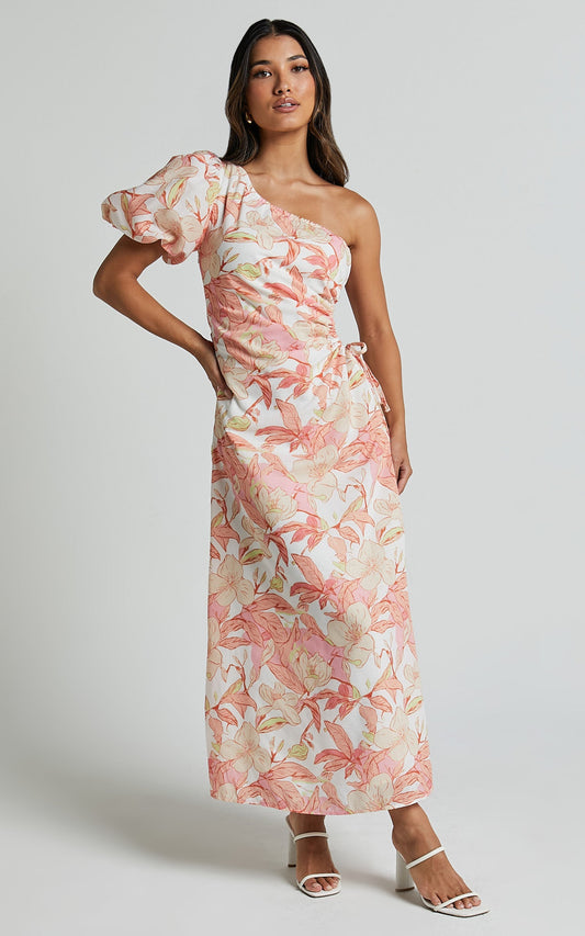 Amisha Midi Dress - One Shoulder Puff Sleeve Side Cut Out Dress in Floral Print