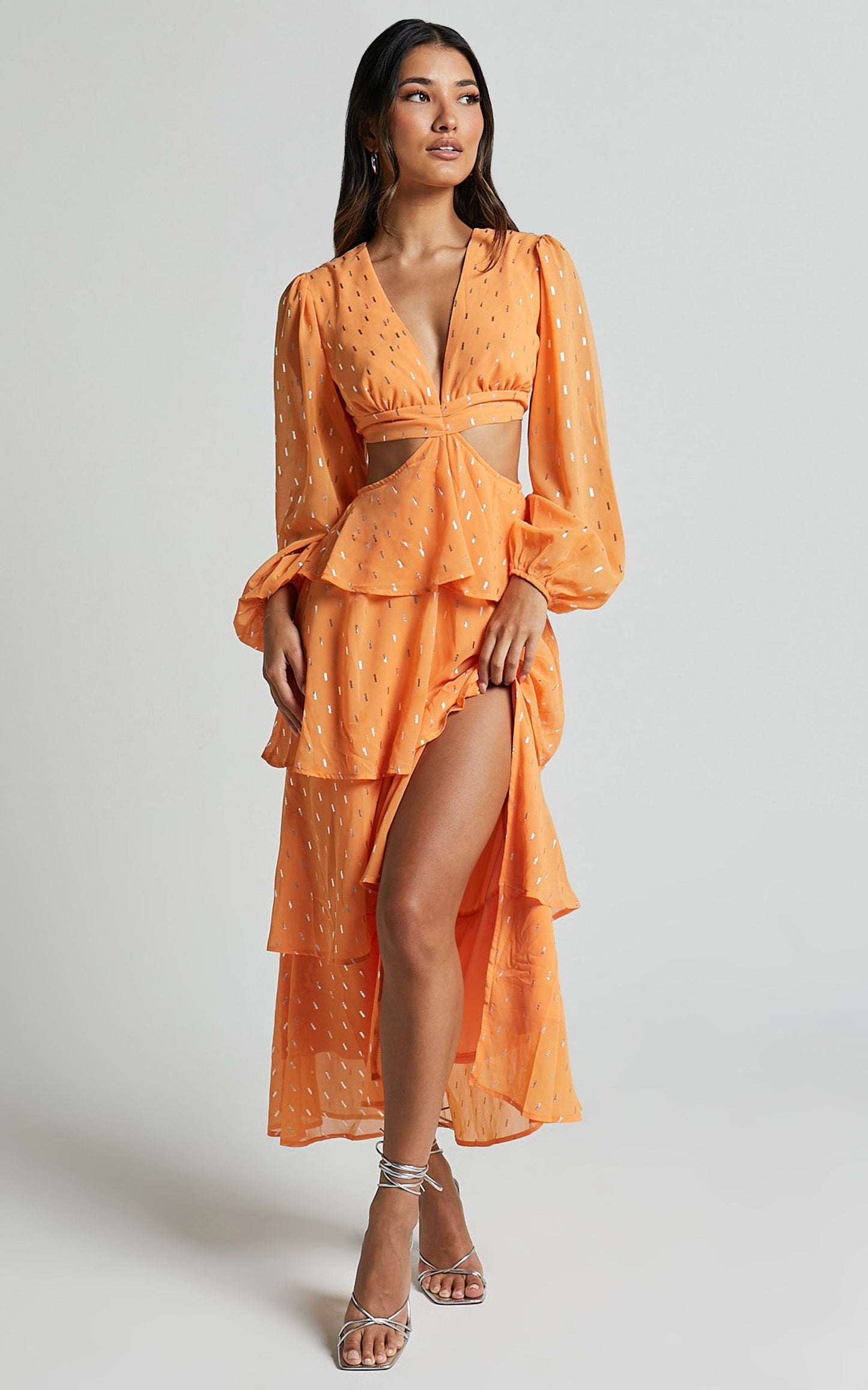 Ammie Midi Dress - Cut Out Balloon Sleeve Tierred Dress in Orange