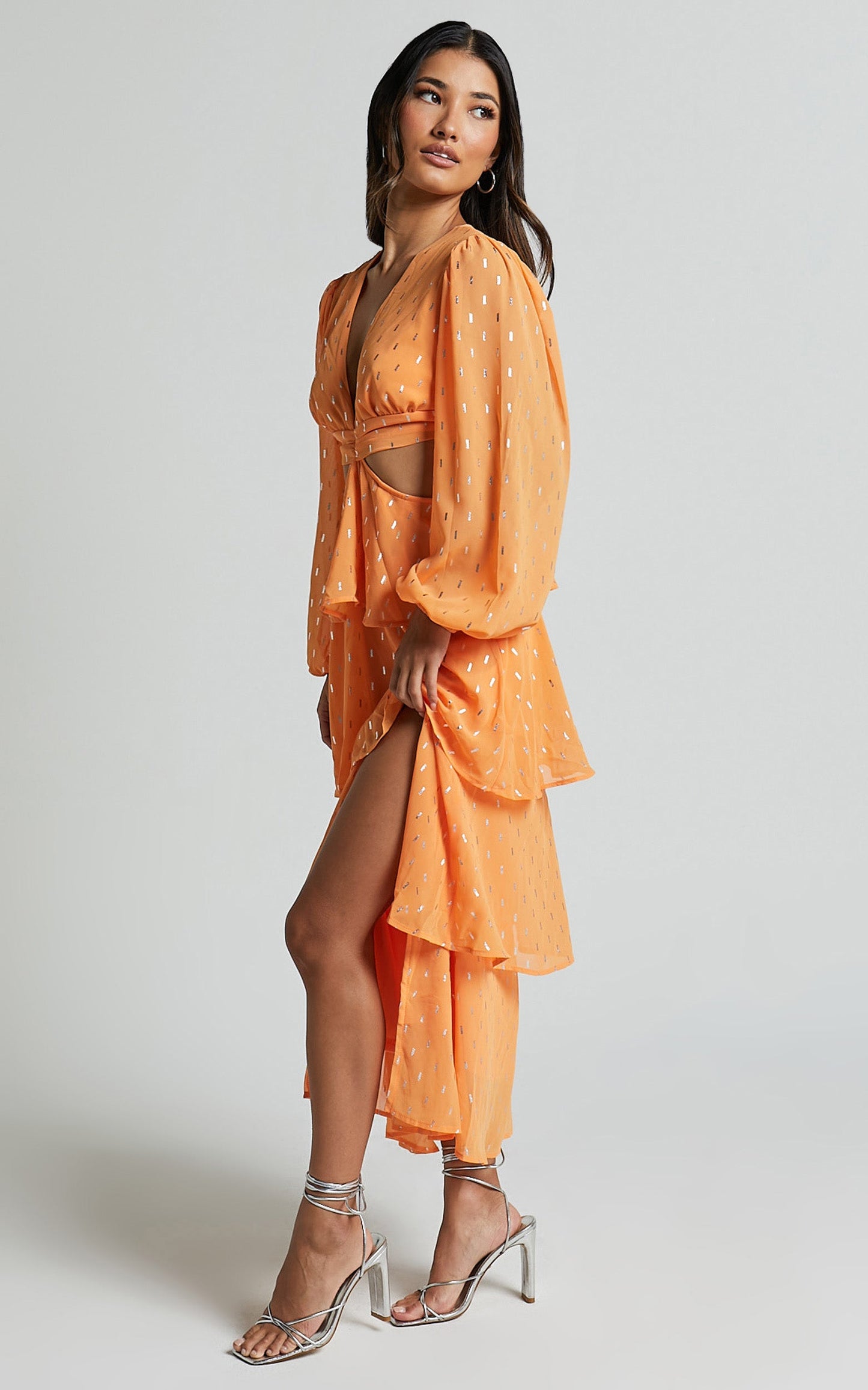 Ammie Midi Dress - Cut Out Balloon Sleeve Tierred Dress in Orange