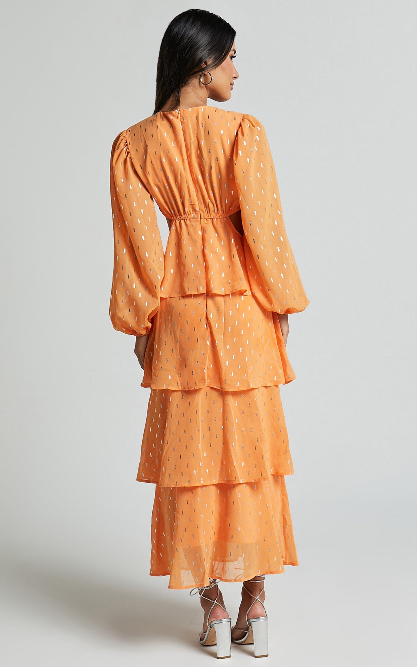 Ammie Midi Dress - Cut Out Balloon Sleeve Tierred Dress in Orange